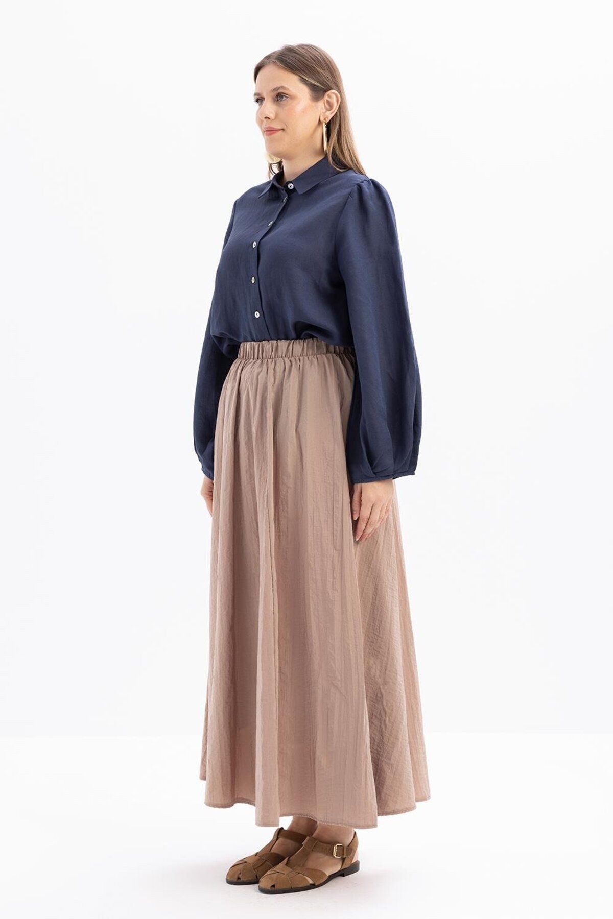 ALLDAY-Mink-Kraşlı Flared Skirt with Elastic Waist 3
