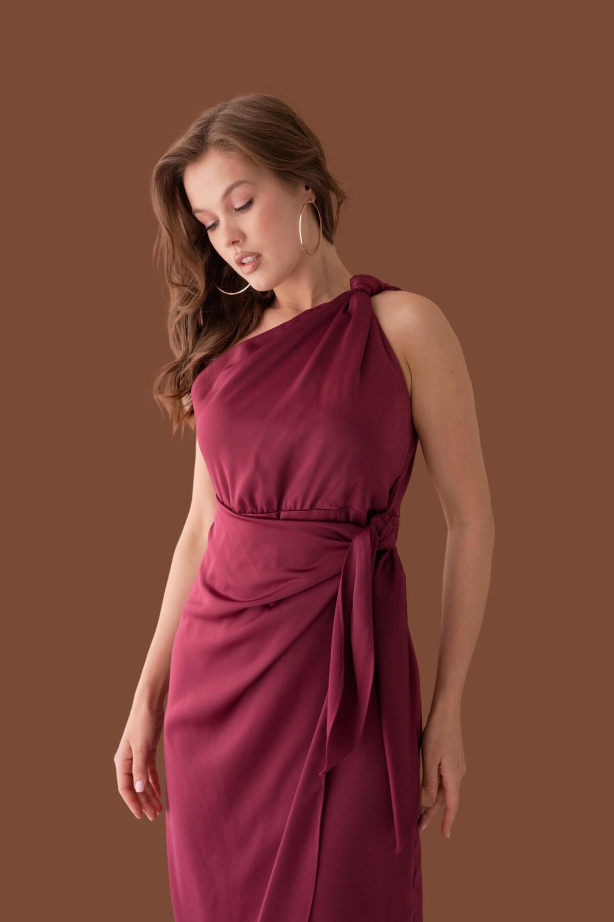 lovebox-Belted Satin Women's Evening Dress with Knot Detail on the Shoulder 003 2