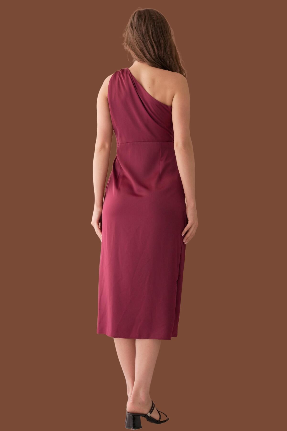 lovebox-Belted Satin Women's Evening Dress with Knot Detail on the Shoulder 003 4