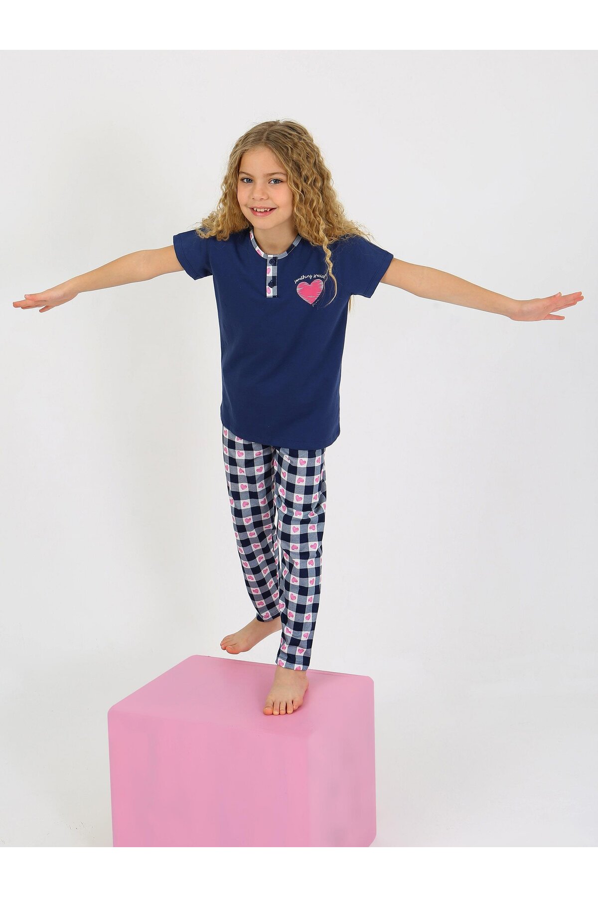 vitmo Kız Çocuk Kısa Kollu Düğme Detaylı %100 Pamuklu Pijama Takımı Special Love fotoğrafı 2 (önizleme)