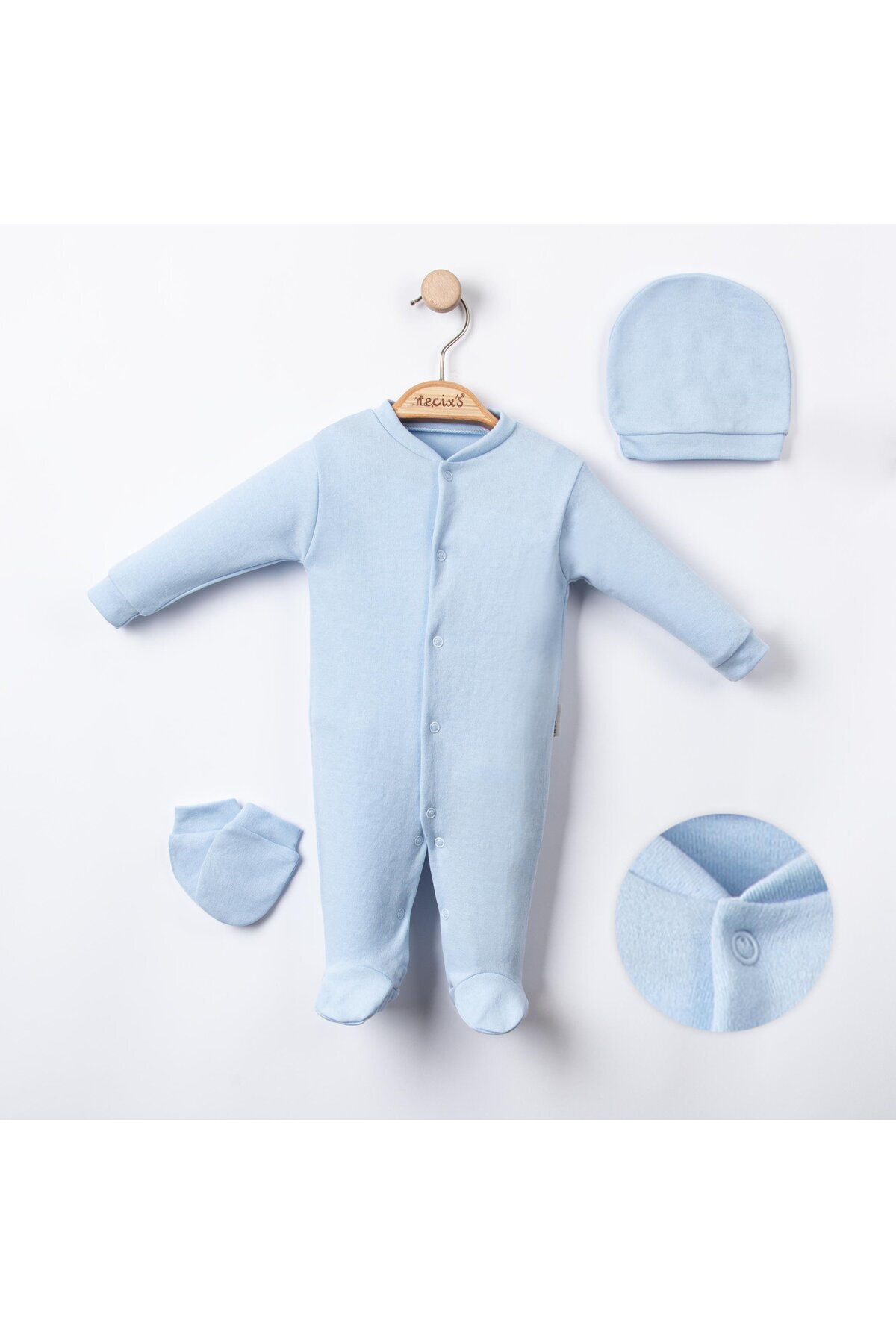 Lolons Kolej Yaka Çıtçıtlı Şapkalı Eldivenli Üçlü Tulum Mavi