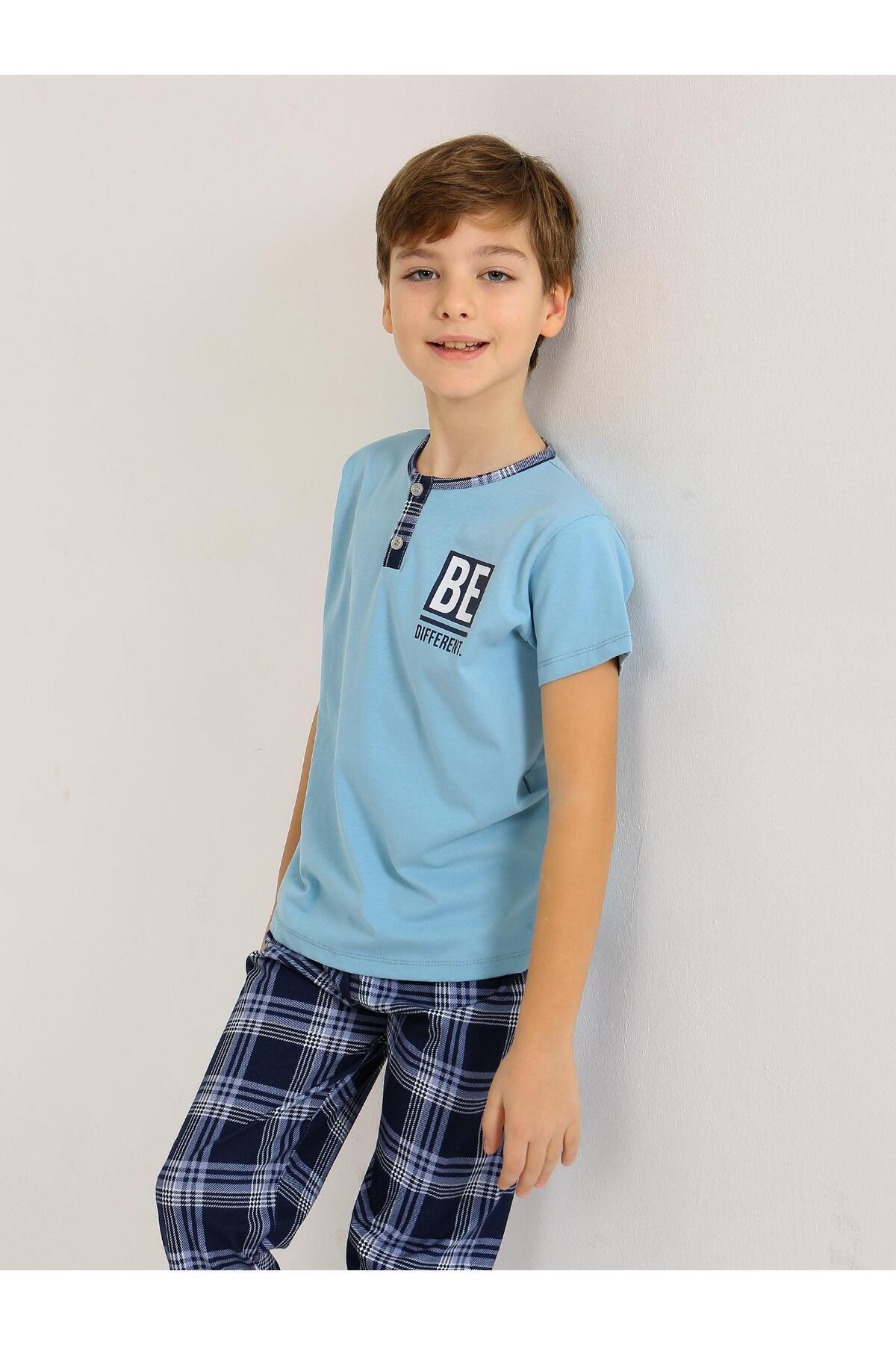 vitmo Erkek Çocuk Kısa Kollu Düğme Detaylı %100 Pamuklu Pijama Takımı Be fotoğrafı 6 (önizleme)