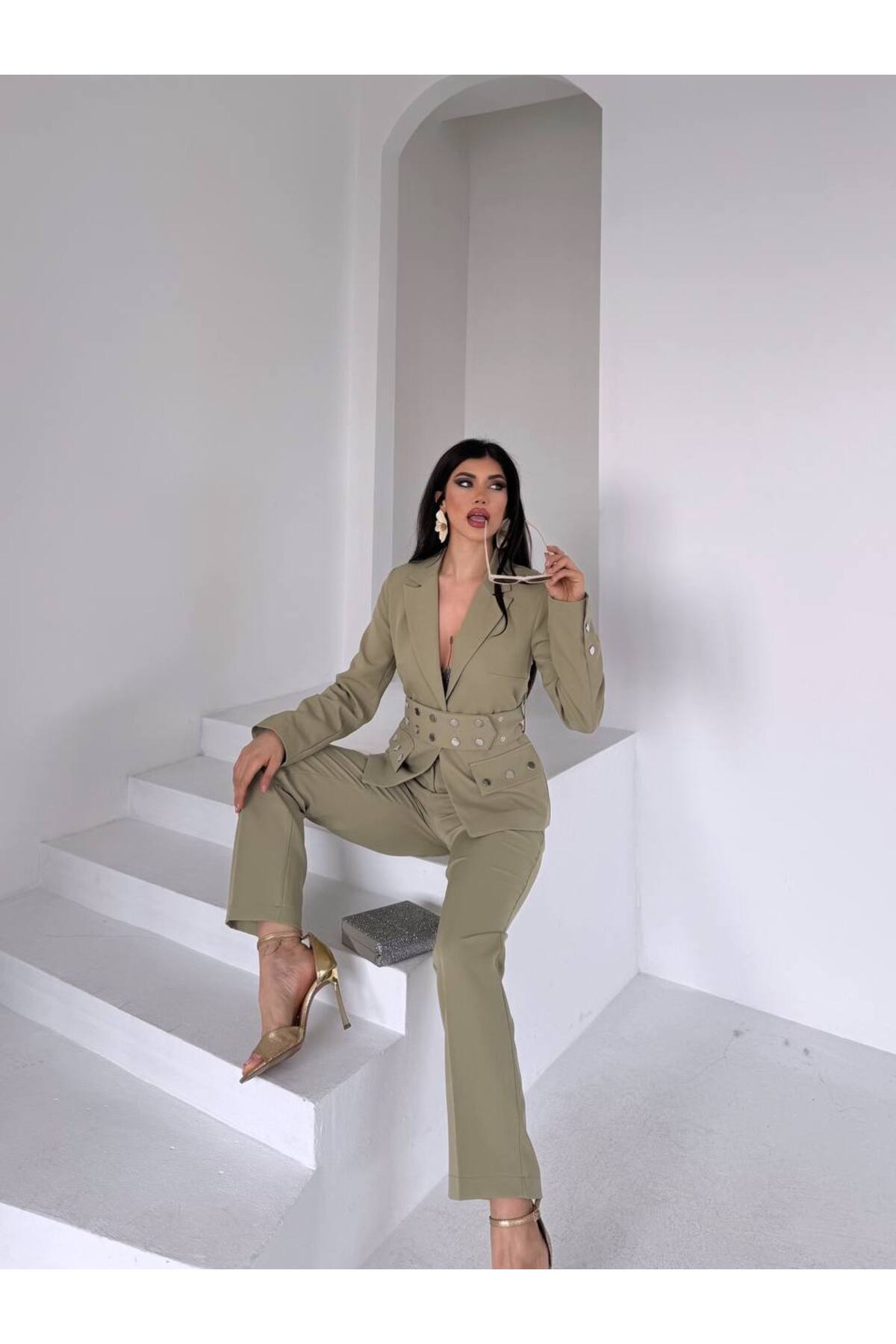 Costume femme veste pantalon kaki taille ajustable double poche - Görsel 5