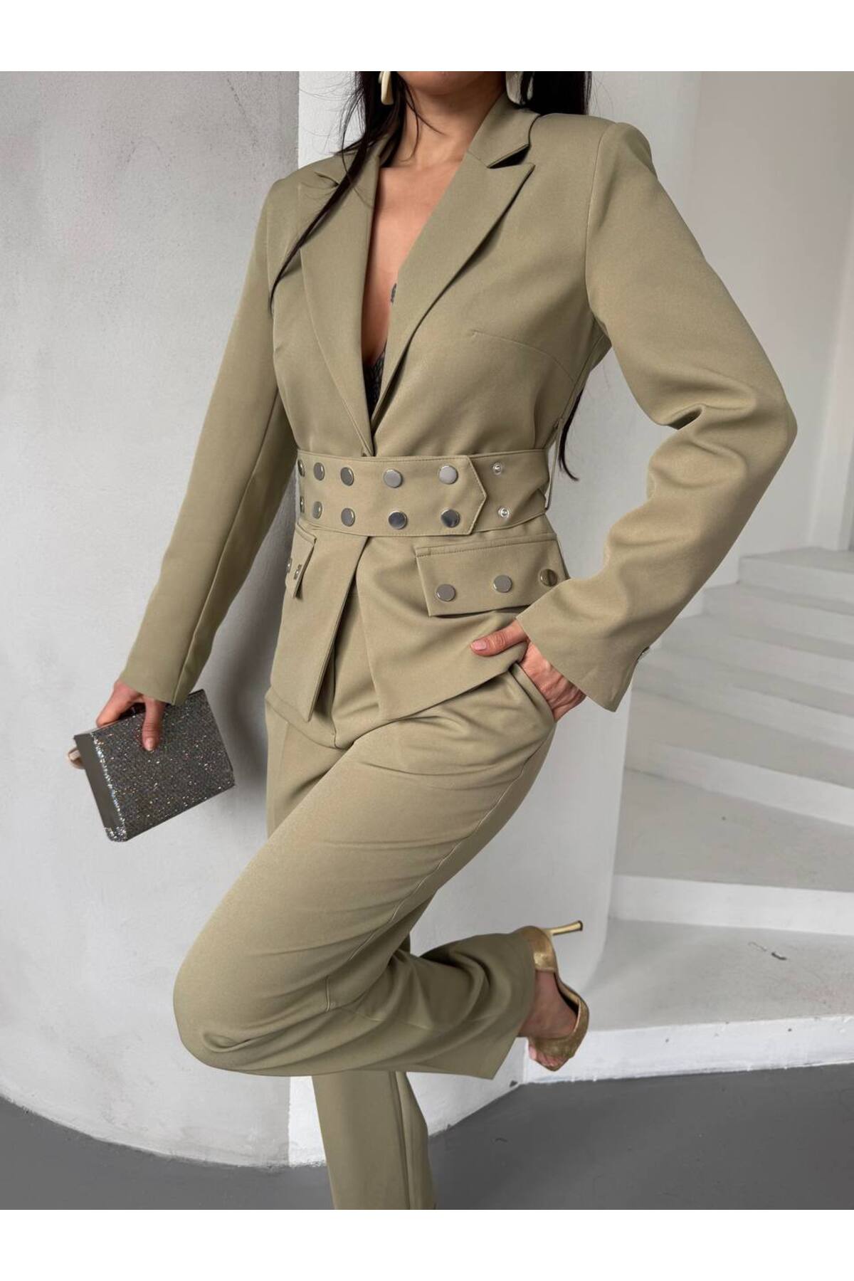 Costume femme veste pantalon kaki taille ajustable double poche - Görsel 8