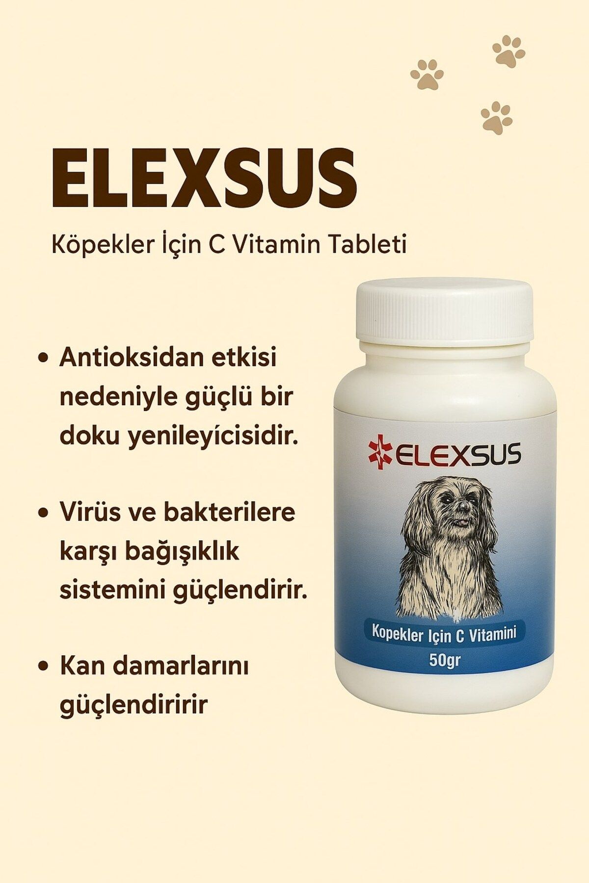 Elexsus Köpekler İçin C Vitamini Tableti 50gr – Bağışıklık Sistemini Güçlendiren Lezzetli Takviye