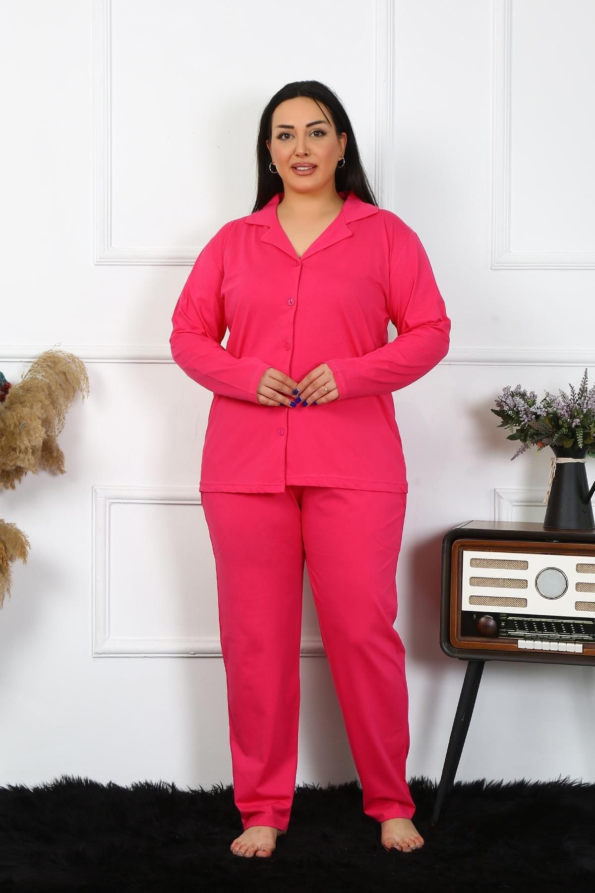 Celira Kadın Büyük Beden Pamuklu Cepli Düğmeli Fuşya Pijama Takım 202401