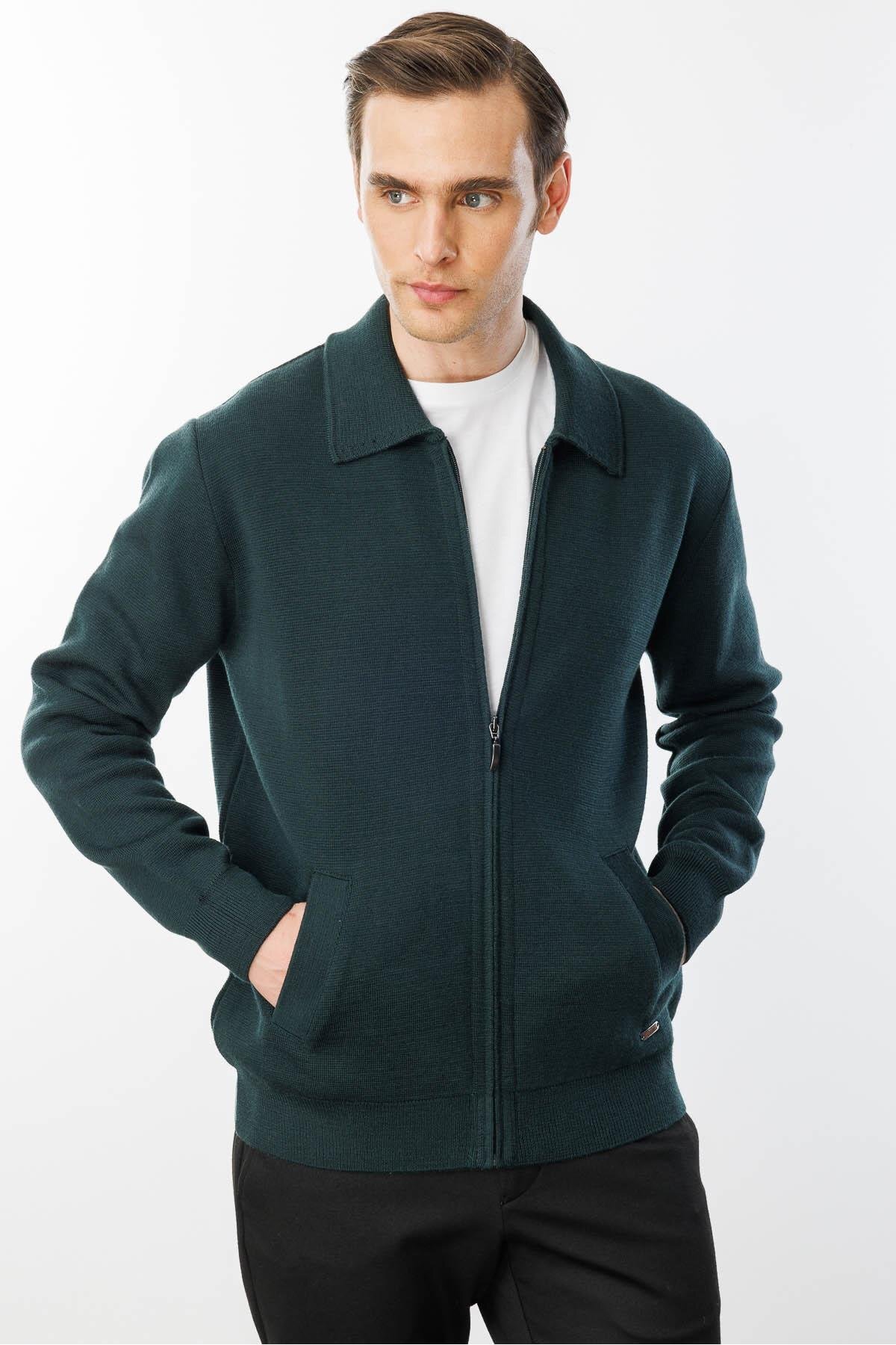 ژاکت پشمی بافتنی یقه پولو مردانه سبز