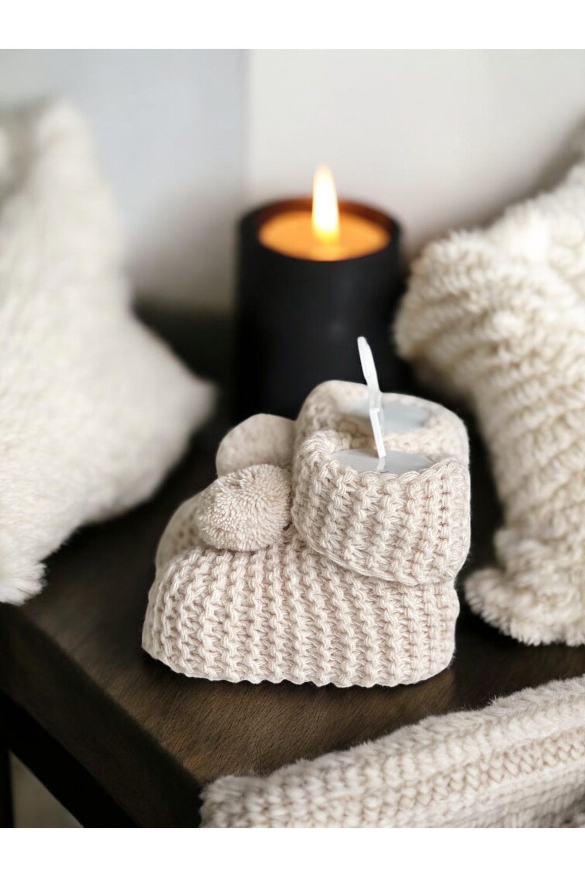 BETSY STUDIO Örgü Bebek Patik Yenidoğan Hediyelik Bej fotoğrafı 2 (önizleme)