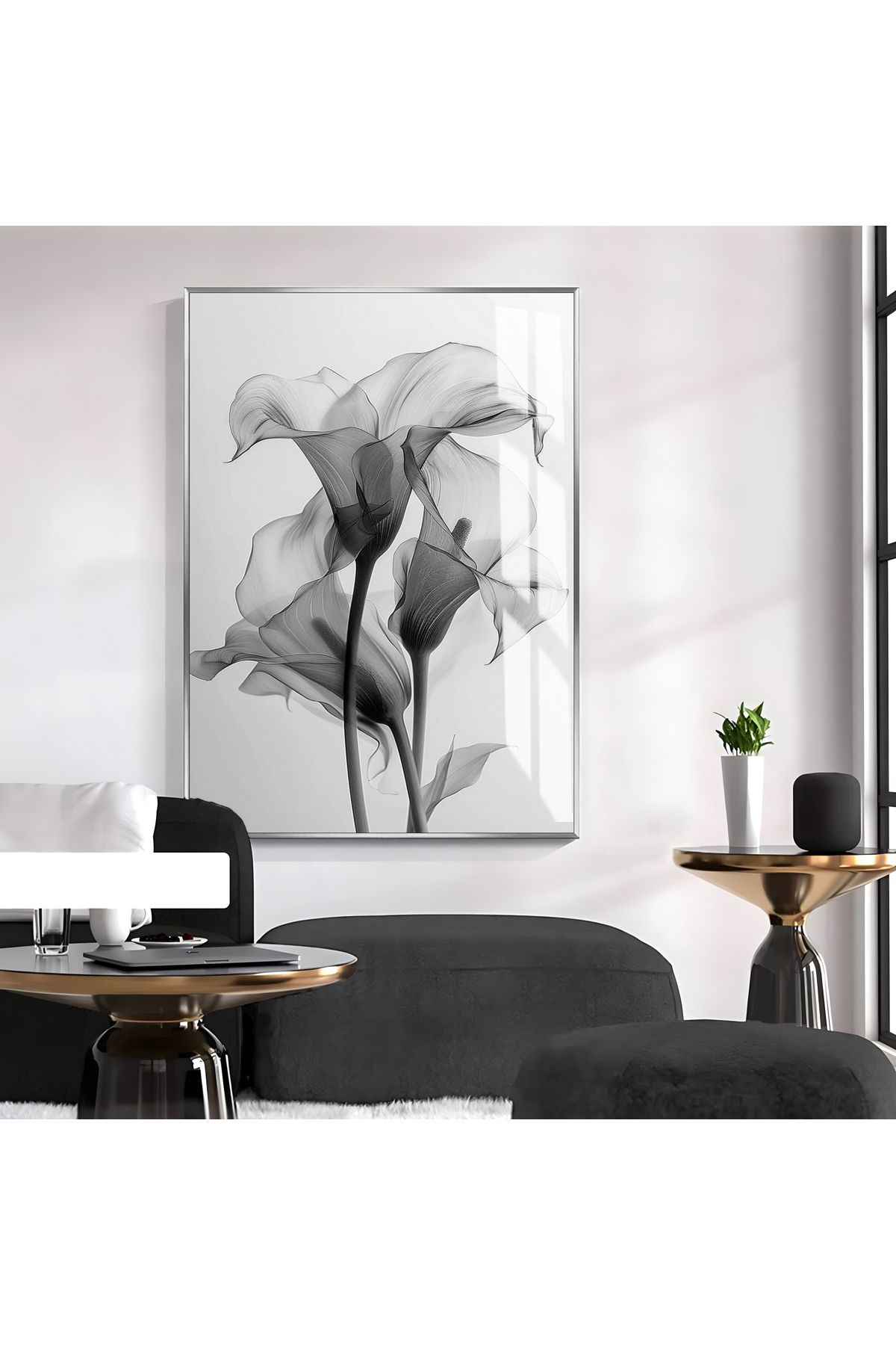 HARIKABIREV| GREY-WHITE-BLACK ABSTRACT FLOWER 01|FRAMED TEMPERED GLASS TABLE SINGLE VERTICAL