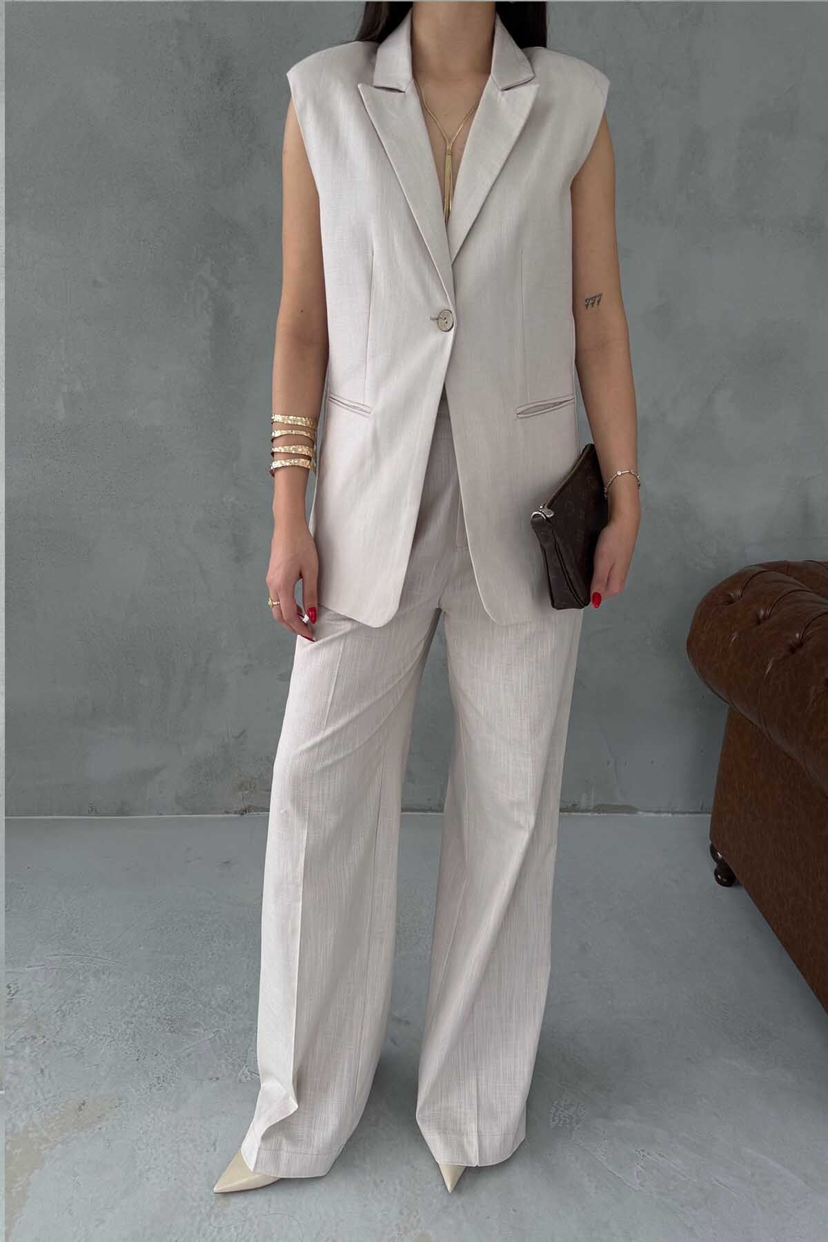 Seda Yalçın Atelier-Woman's Stone Linen Vest and Trousers Set 5