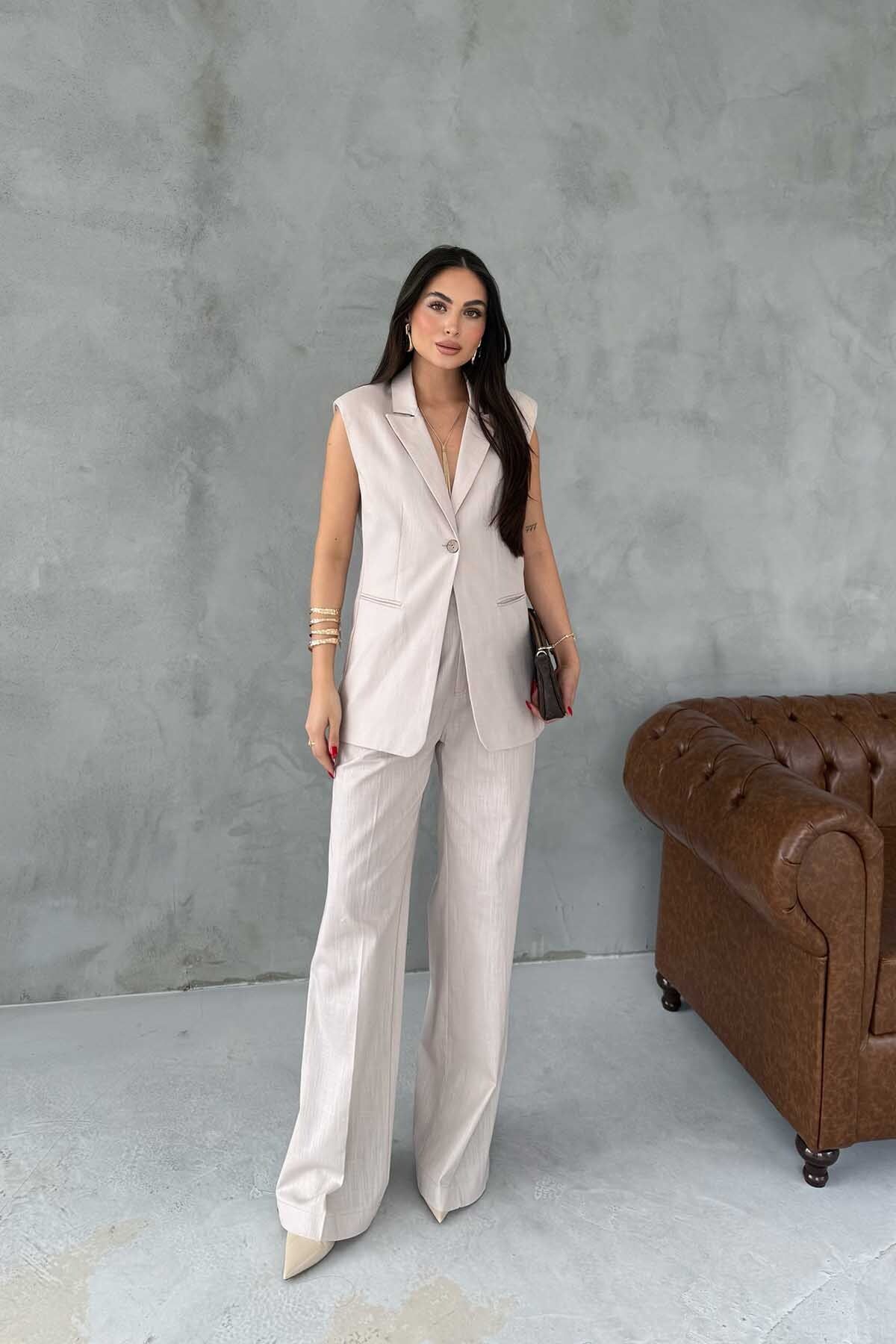 Seda Yalçın Atelier-Woman's Stone Linen Vest and Trousers Set 3