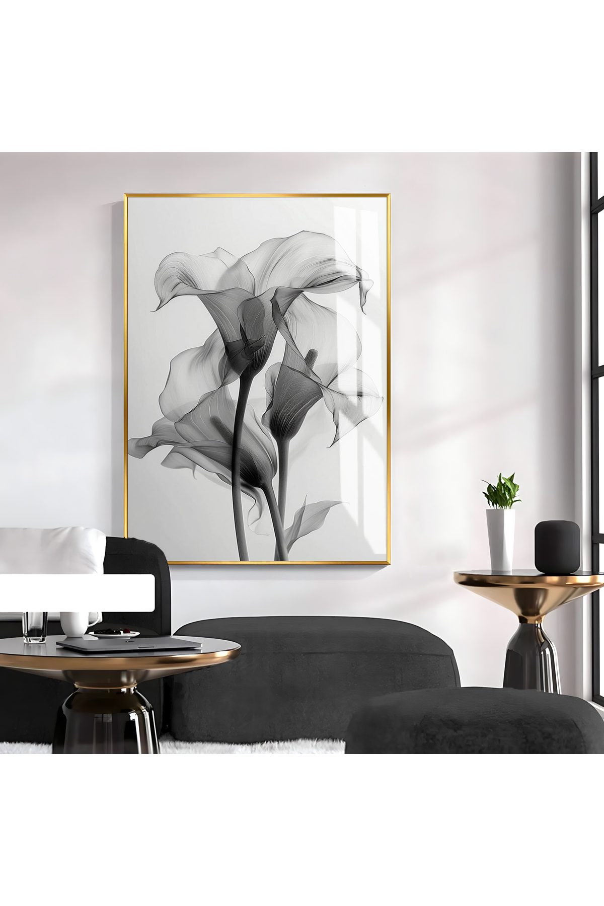 HARIKABIREV| GREY-WHITE-BLACK ABSTRACT FLOWER 01|FRAMED TEMPERED GLASS TABLE SINGLE VERTICAL