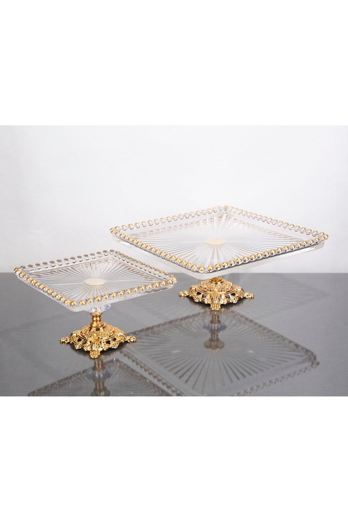 ARGKRİSTAL-Gold Service Presentation Plates 17X17 Small 26X26 Large Vertical Line Design 4
