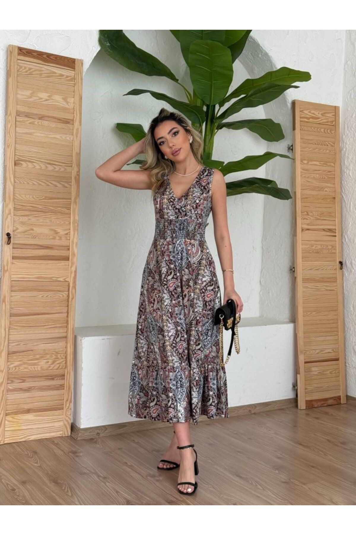 Ayena Moda Kadın Beli Gipeli Etnik Desen Sıfır Kol Süprem Elbise