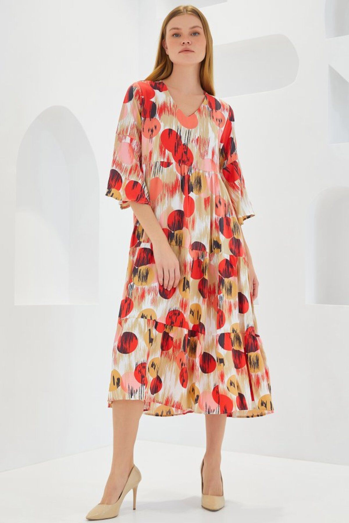 TUA MODA-Tua Moda Tile Ecru Patterned Short Sleeve Viscose Dress 1959 3