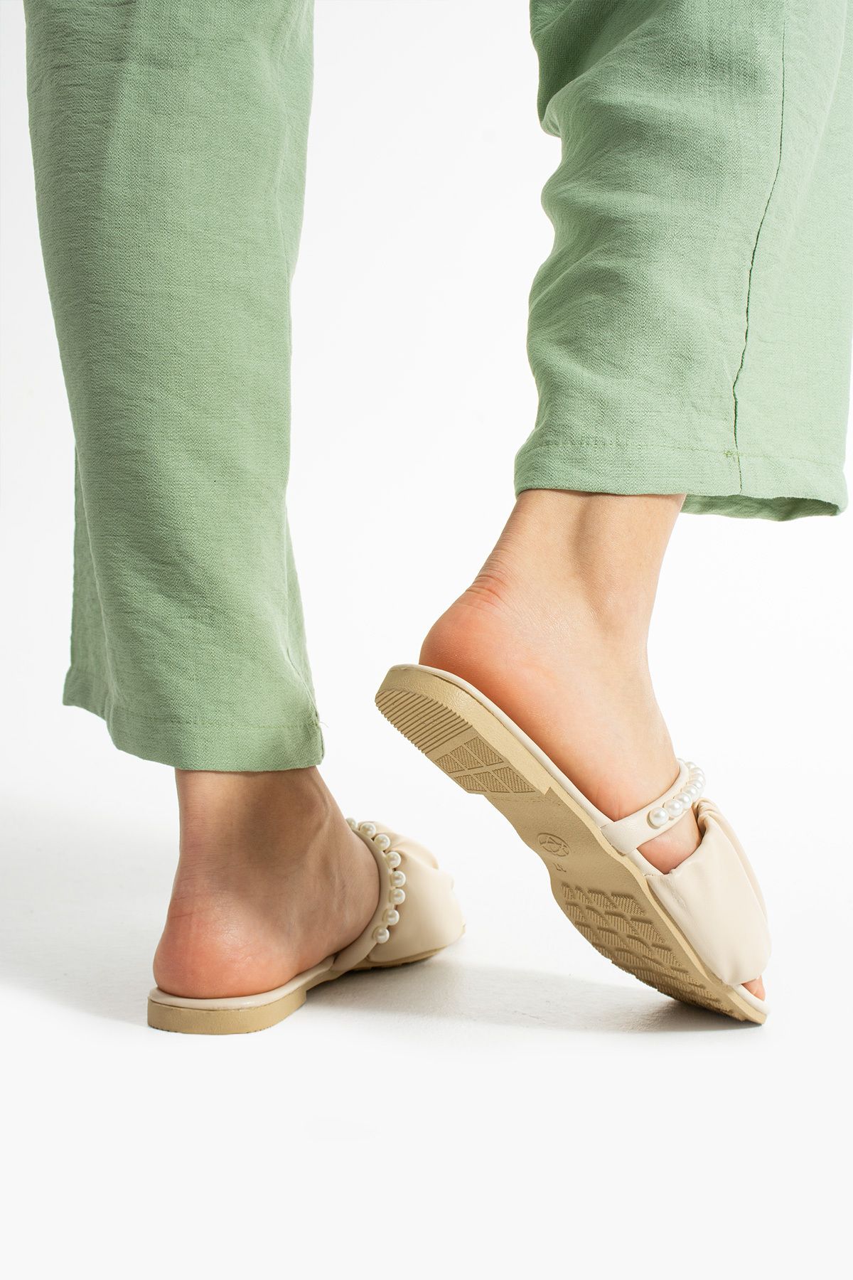 Moda Devrin-Beige Drawstring Pearl Women's Slippers 4
