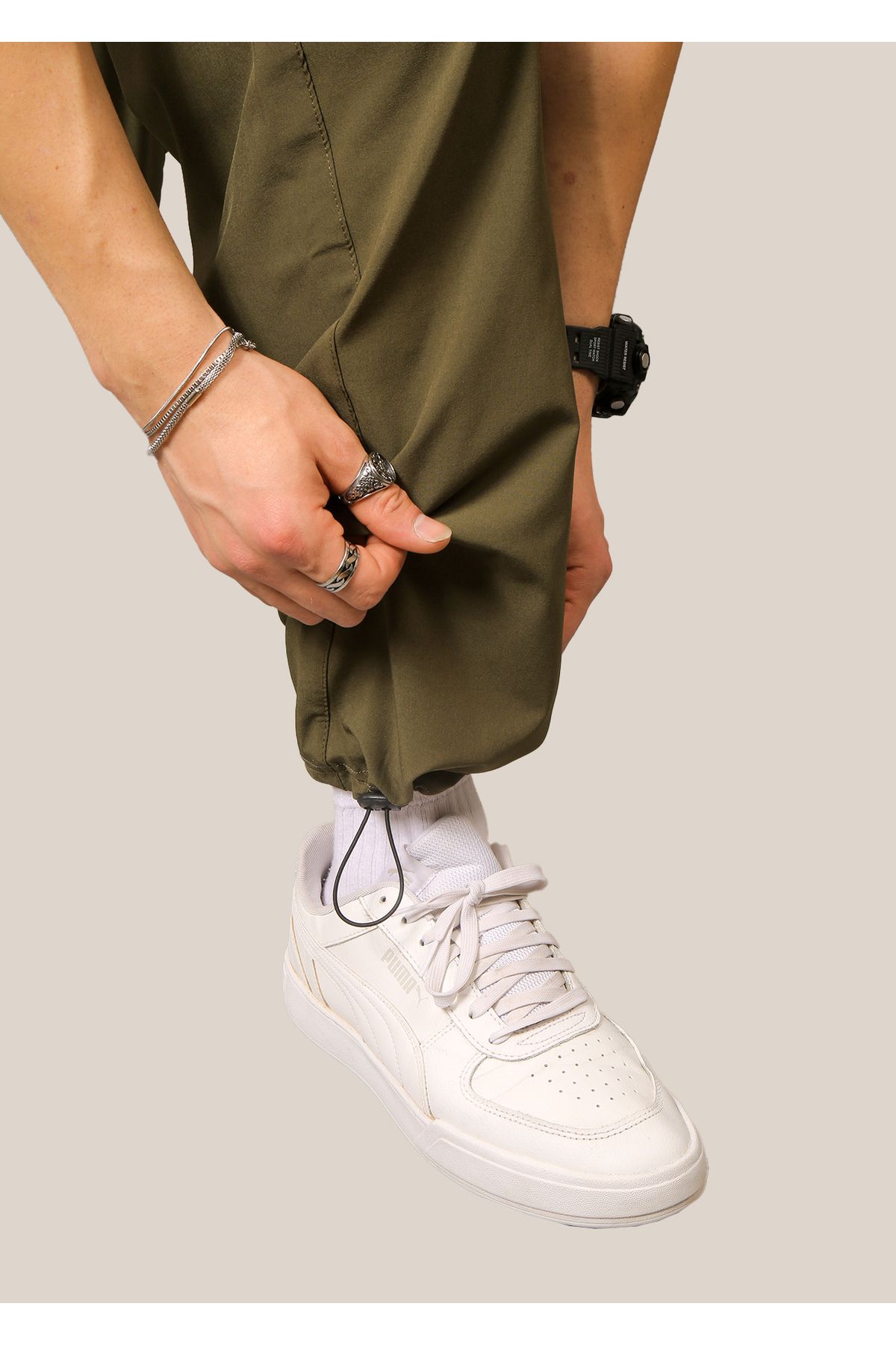 INFLUYENTE-Ανδρικό χακί Lycra Baggy Cut Cargo Καλοκαιρινό Φούτερ με Ρυθμιζόμενο Πόδι με Τσέπες 4