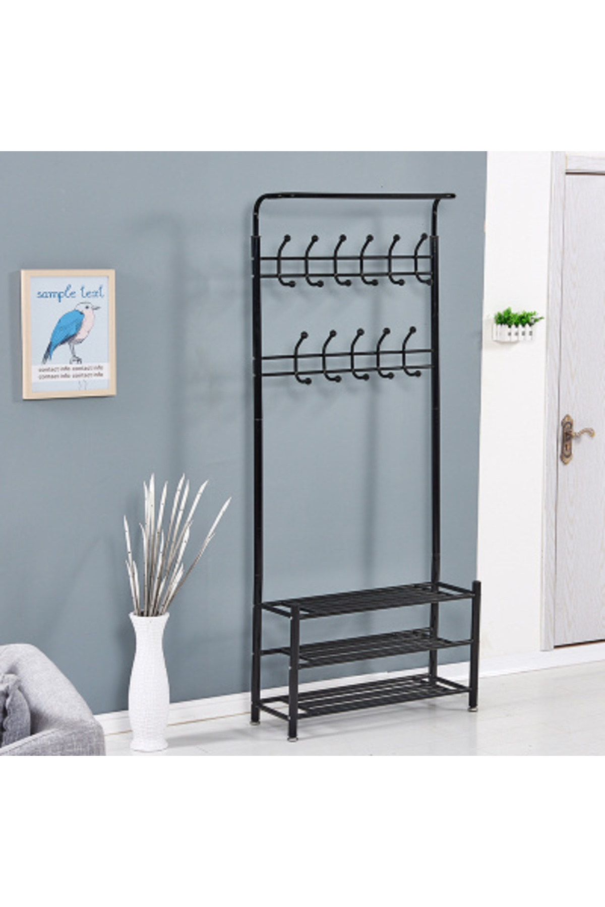 منظم علاقة ملابس معدن وحامل ملابس مزود بخطافات و 3 رفوف احذية | اسود 190x81x30 سم