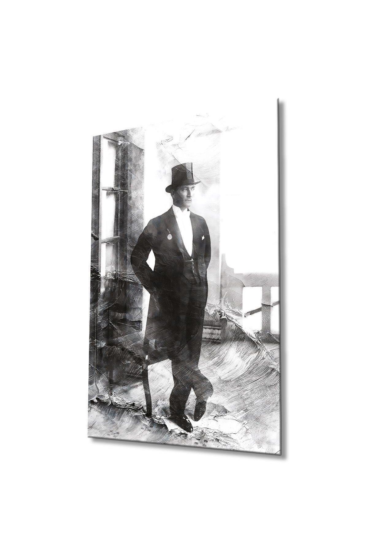 idealizbiz Atatürk Portre Cam Tablo Modern Ev Ofis Salon Hediyelik Büyük Tablo Duvar Dekoru
