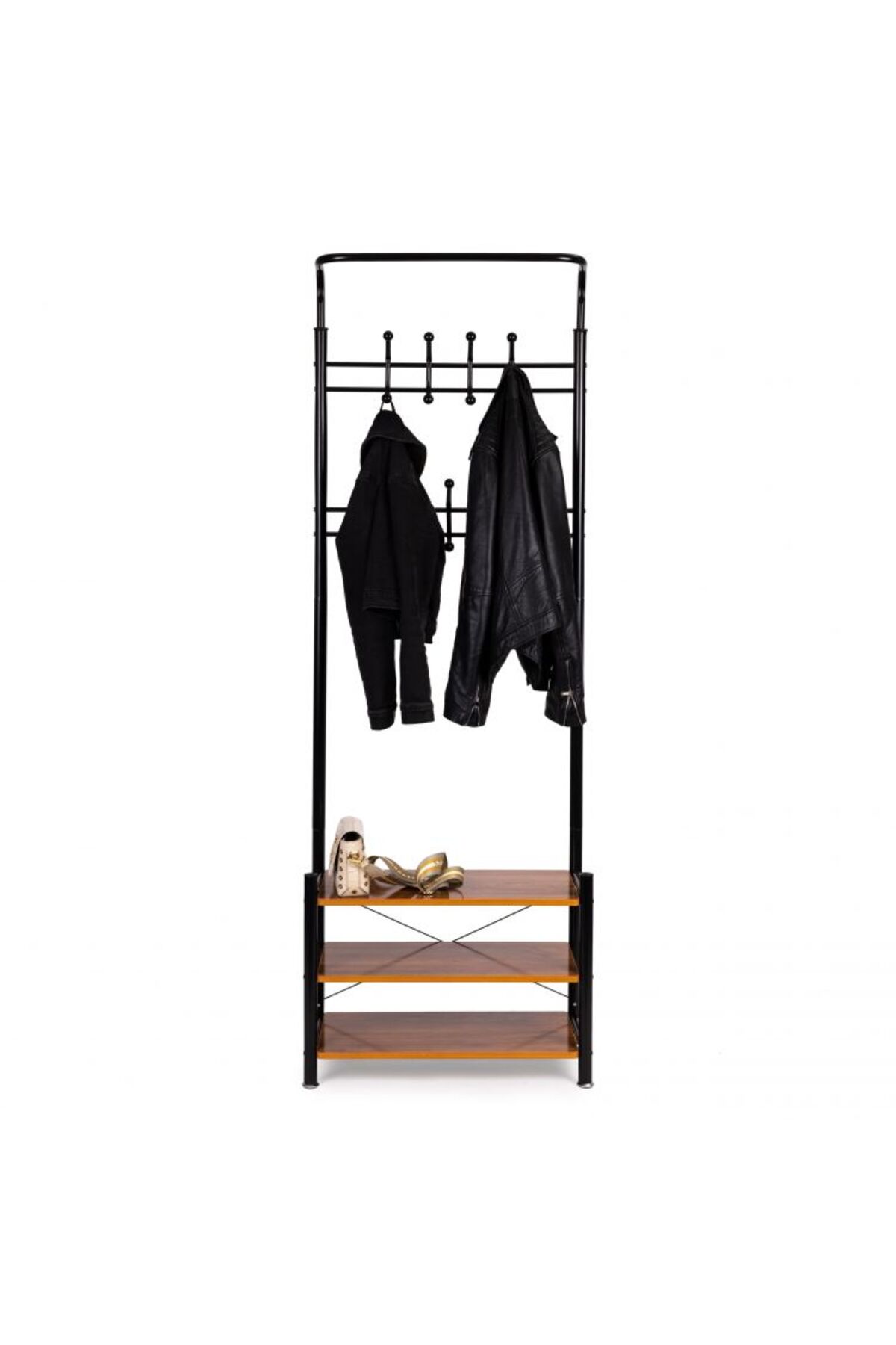 منظم علاقة ملابس معدن وحامل ملابس مزود بخطافات و 3 رفوف احذية | اسود 190x66x30 سم