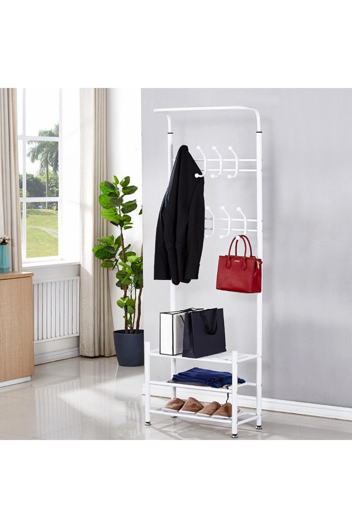 Generic-Metal Clothes Hanger Organizer and Clothes Rack with Hooks and 3 Shoe Racks | White 190x66x30 cm 1