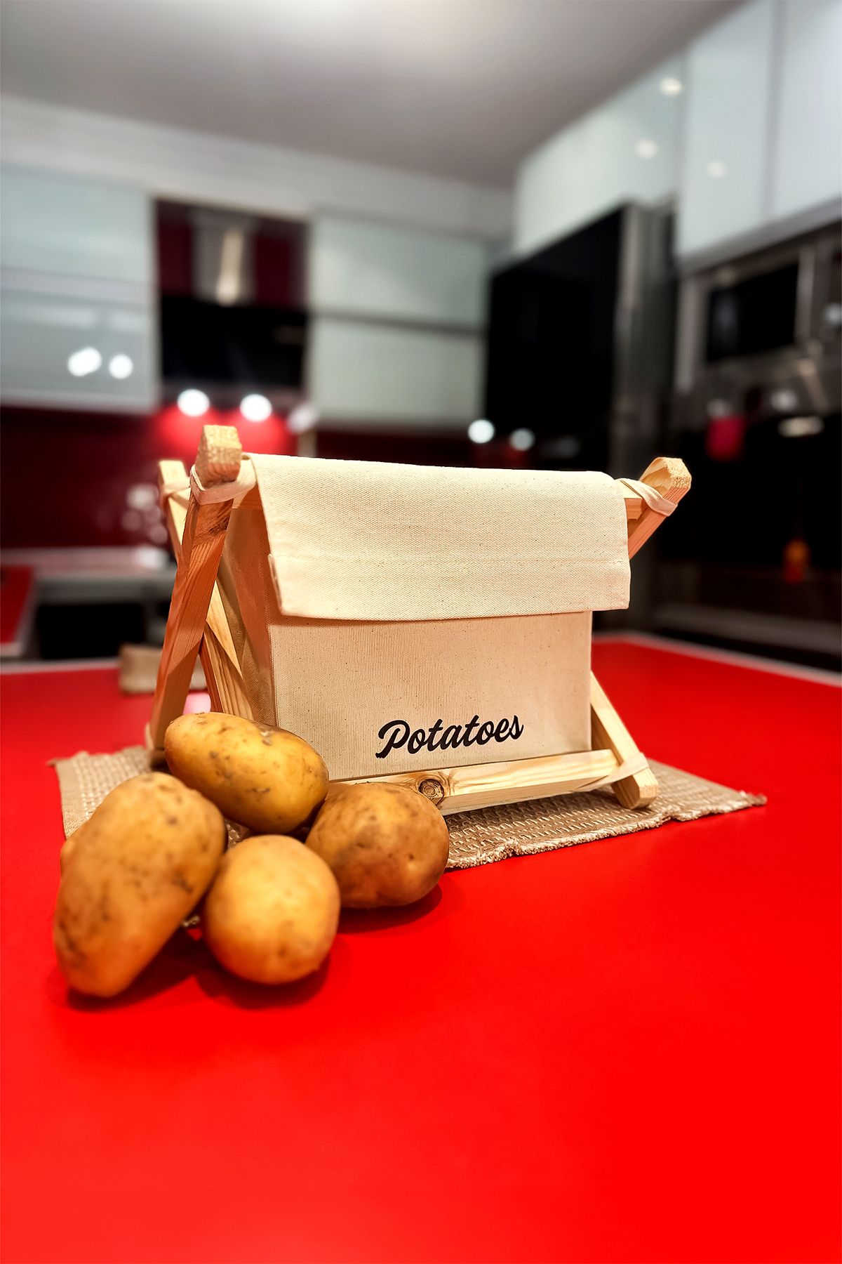 KendsHome Patateslik - Patates Sepeti - Ahşap & Kanvas, 6 KG Kapasiteli, Krem Renk