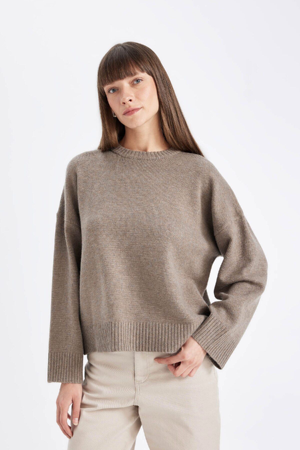 DeFacto Oversize, Szeroki Krój, Okrągły Dekolt, Podstawowy, Prosty Sweter Z Dzianiny D0036ax24wn Kobieta - L