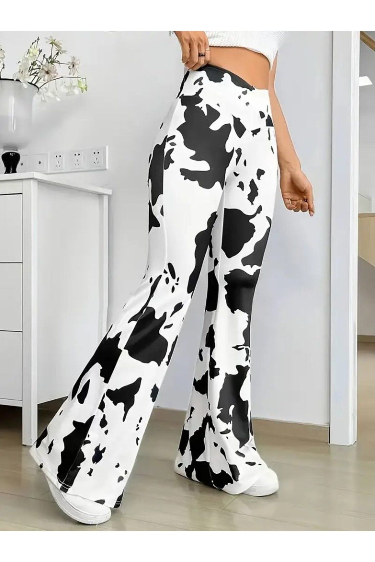 velmorafashion Kadın Yüksek Bel Geniş V Kesim Inek Desen Detaylı Dalgıç Tayt