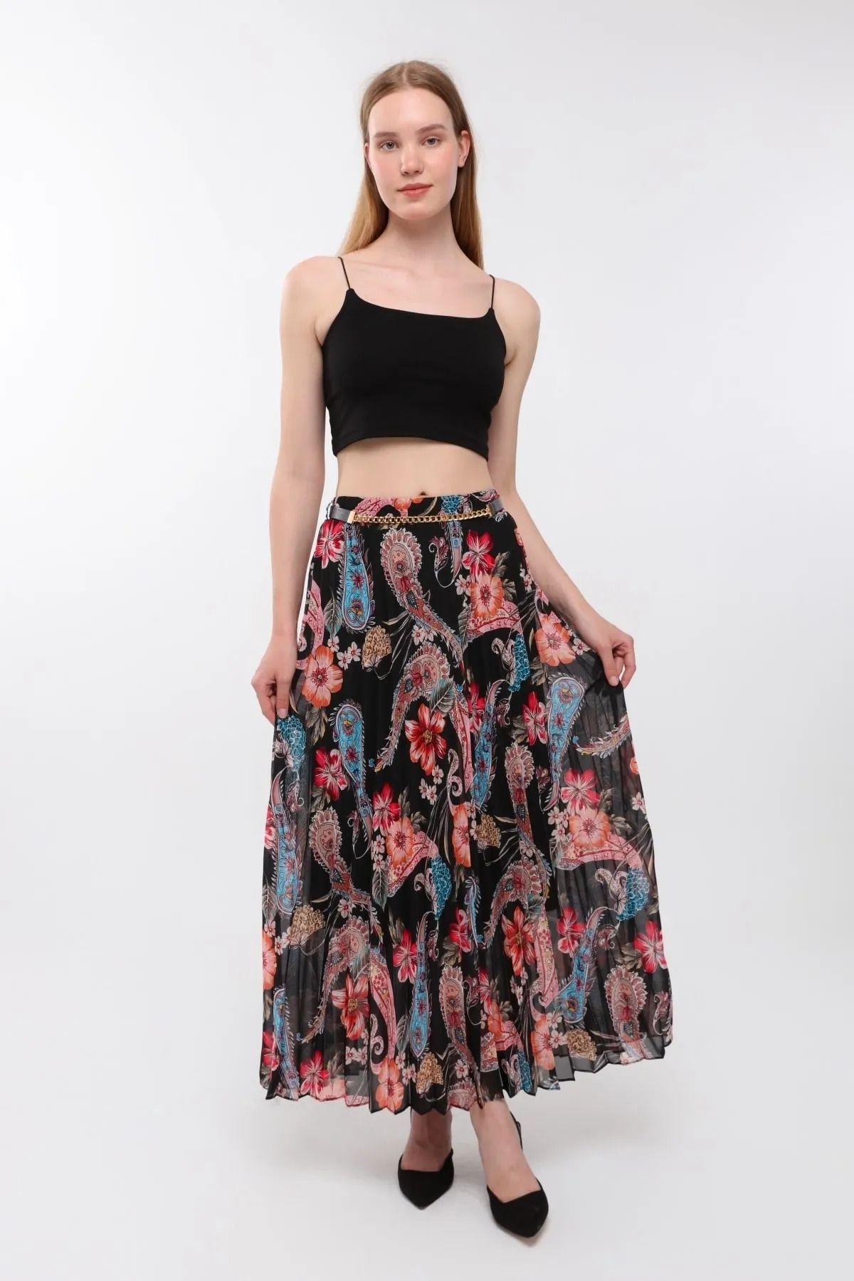 Modabenna-Patterned Lined Pleated Chiffon Skirt with Elastic Waist Pleated 3
