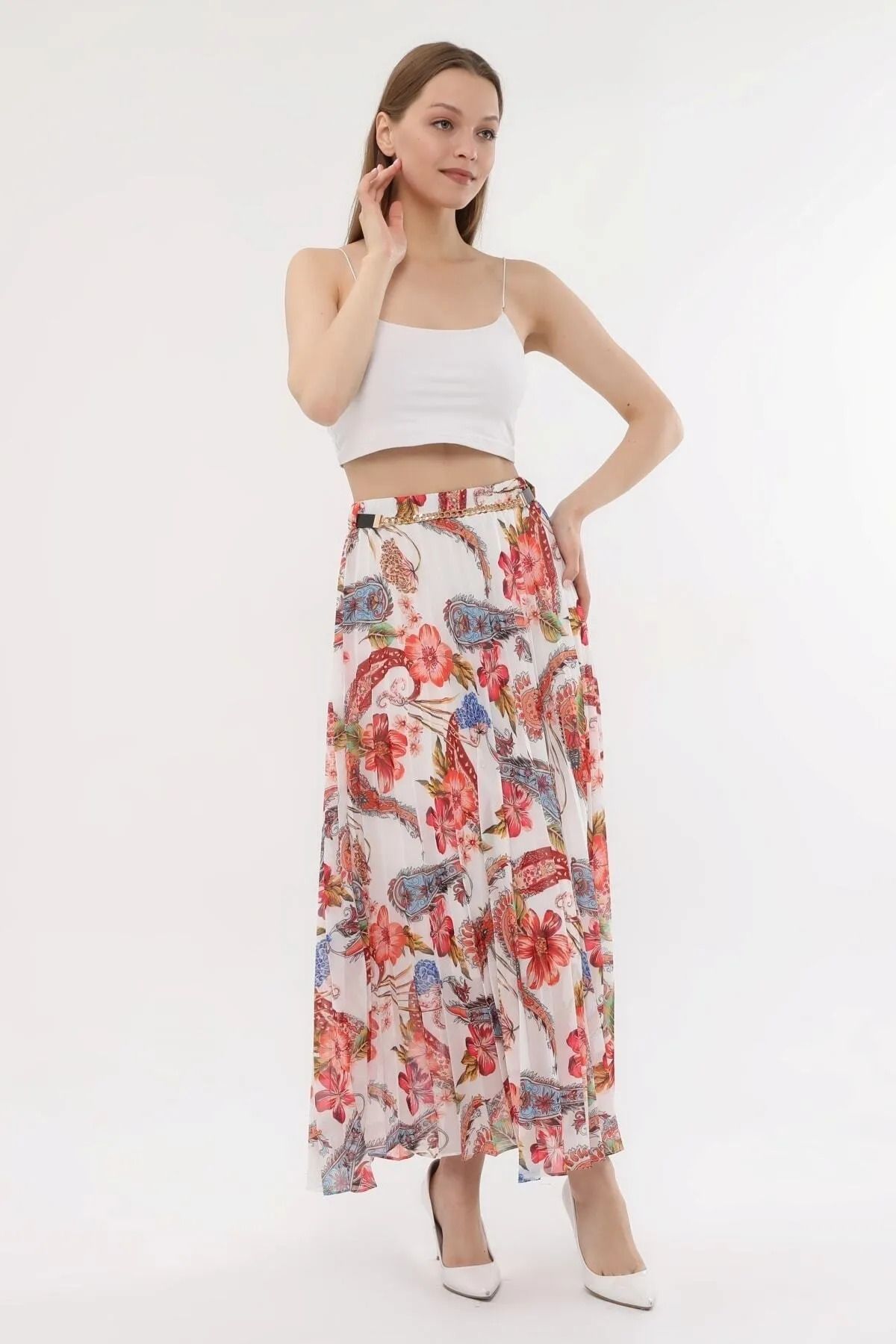 Modabenna-Patterned Lined Pleated Chiffon Skirt with Elastic Waist Pleated 3
