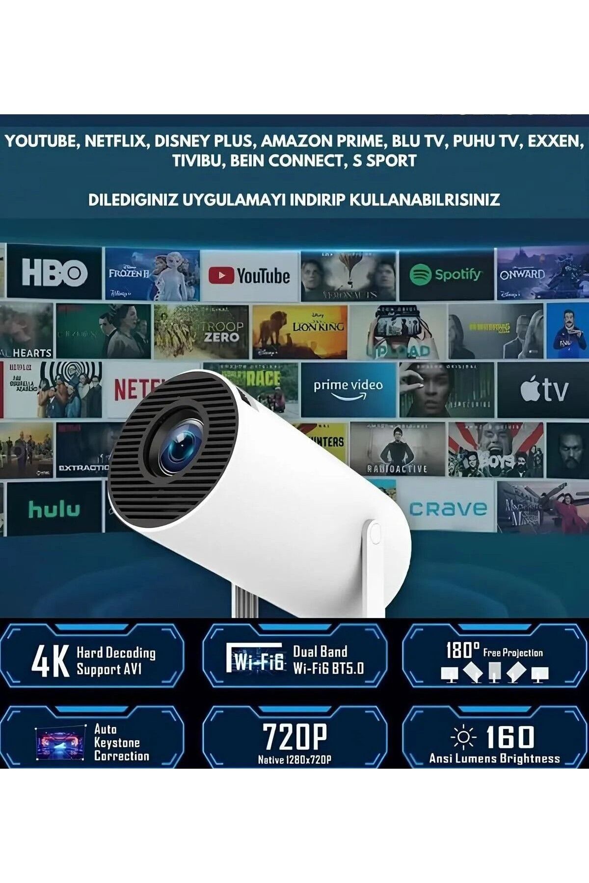 Taşınabilir Sinama Projeksiyon 4K 2025 Versiyon Wifi Android Destekli Ev Sinema Projektör Ultra Hd