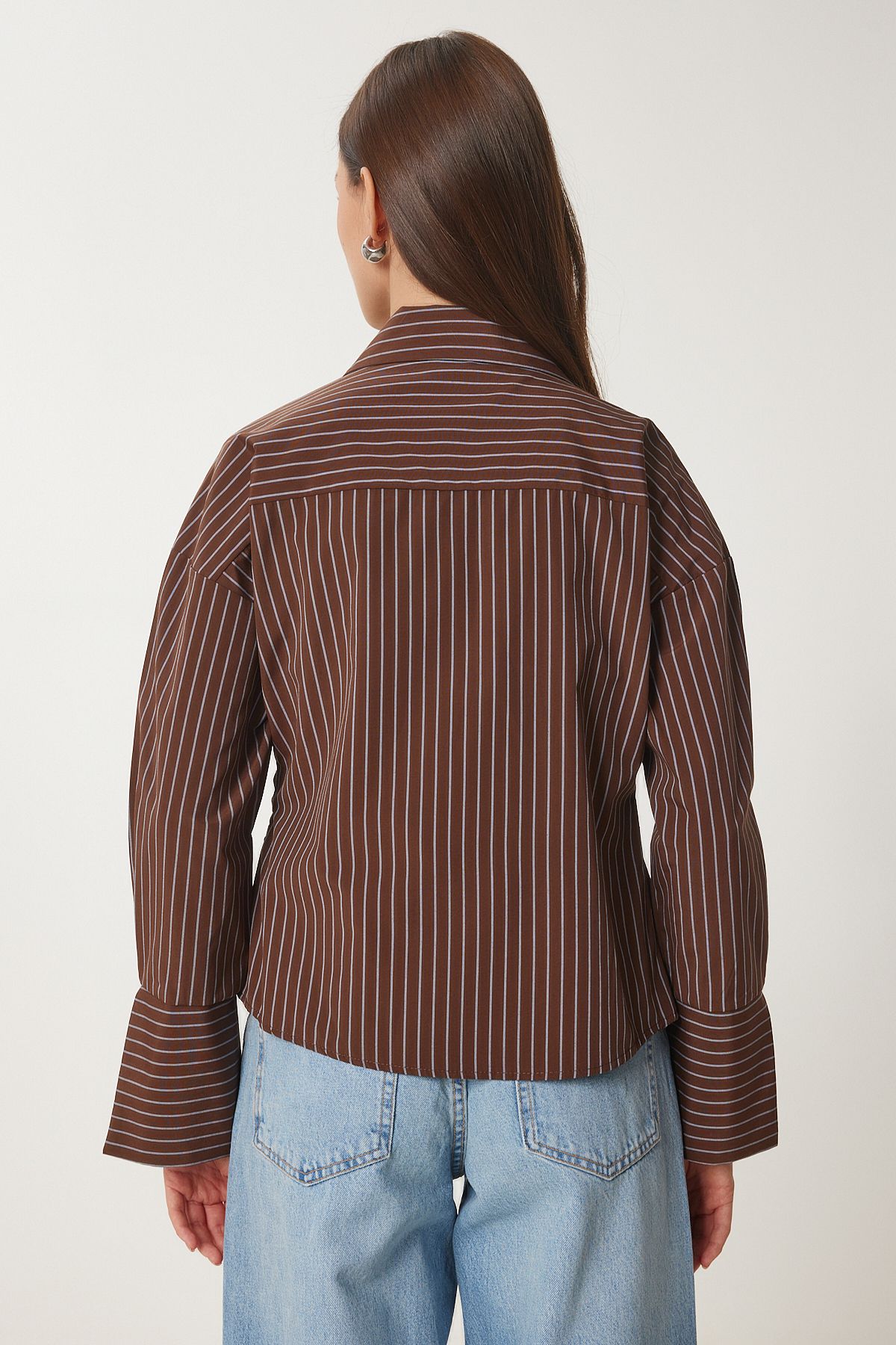 Happiness İstanbul-Women's Brown Striped Shirt Poplin Blouse Us00962 6