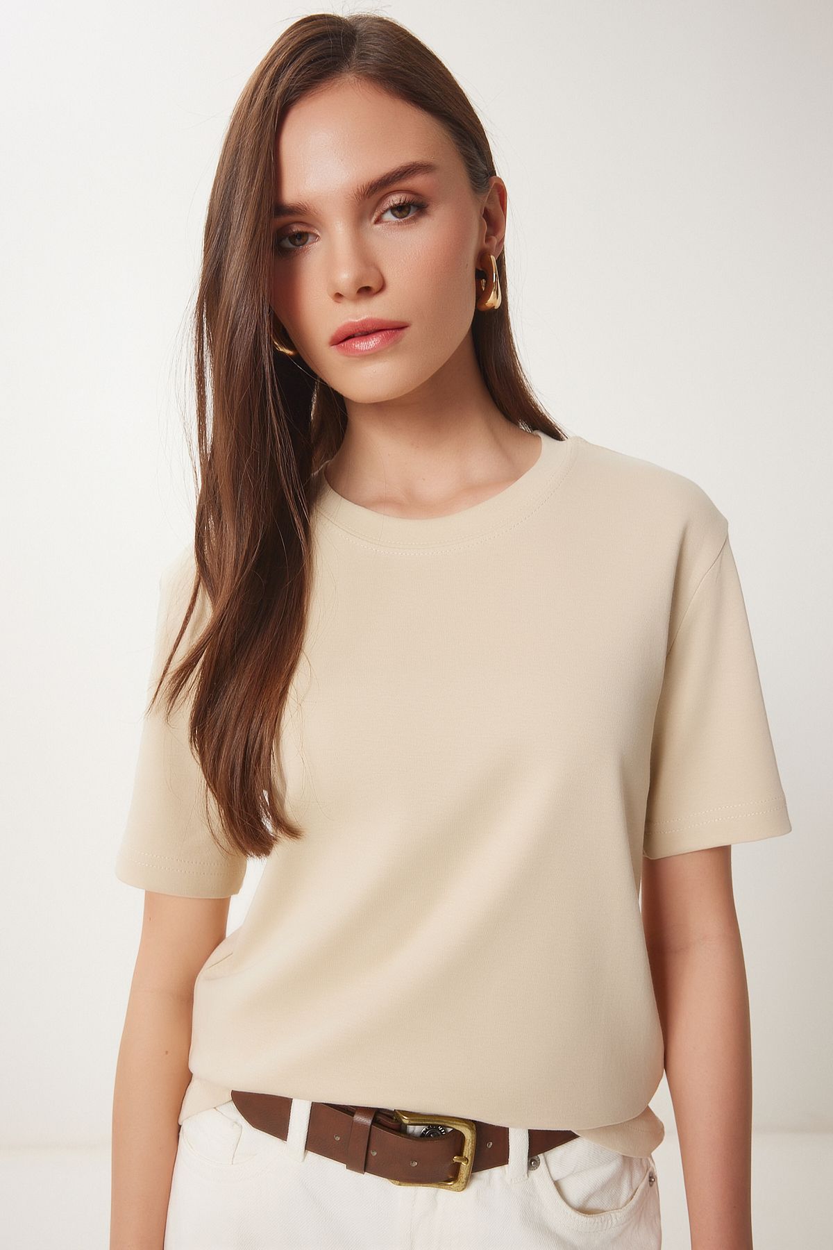 Happiness İstanbul-Braunes Keks-Baumwoll-T-Shirt, 2er-Set – AG00002 3