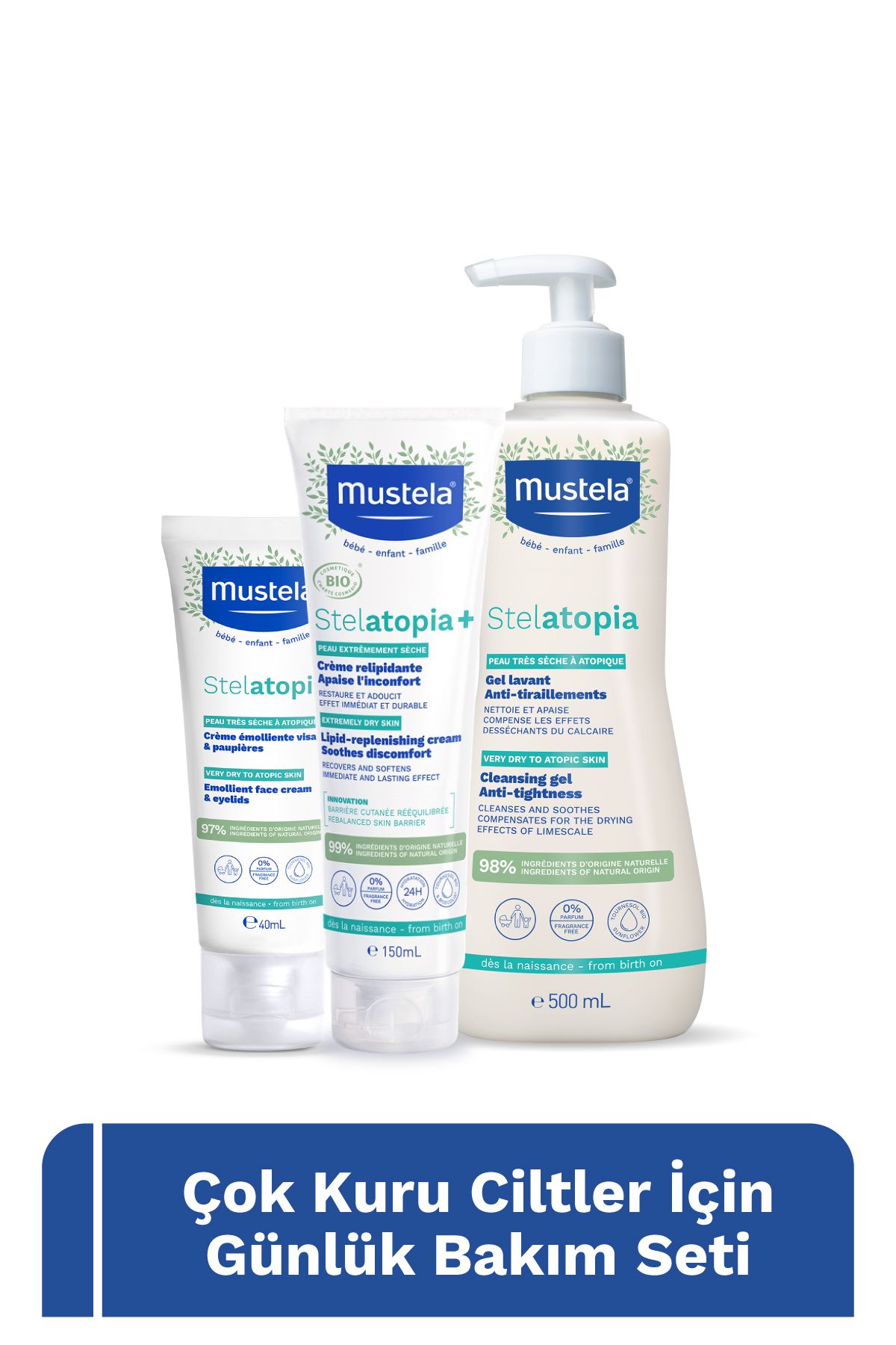Mustela Çok Kuru Ciltler Günlük Bakım Seti-Stelatopia+ Vücut Kremi, Stelatopia Şampuan, Stelatopia Yüz Kremi