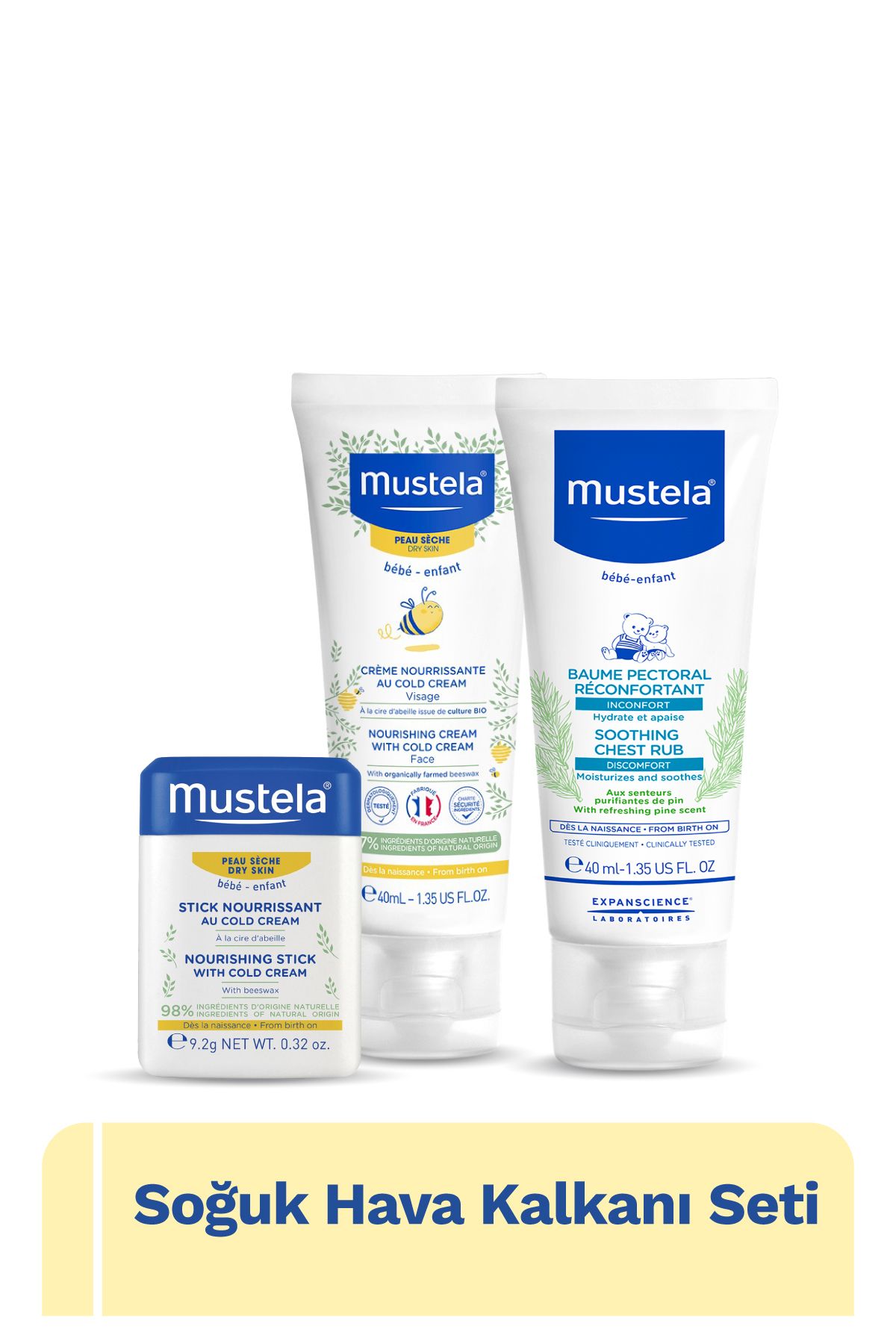 Mustela Soğuk Hava Kalkanı Seti- Rahatlatıcı Göğüs Balsamı, Kuru Cilt Yüz Kremi, Stick Bebek Çocuk