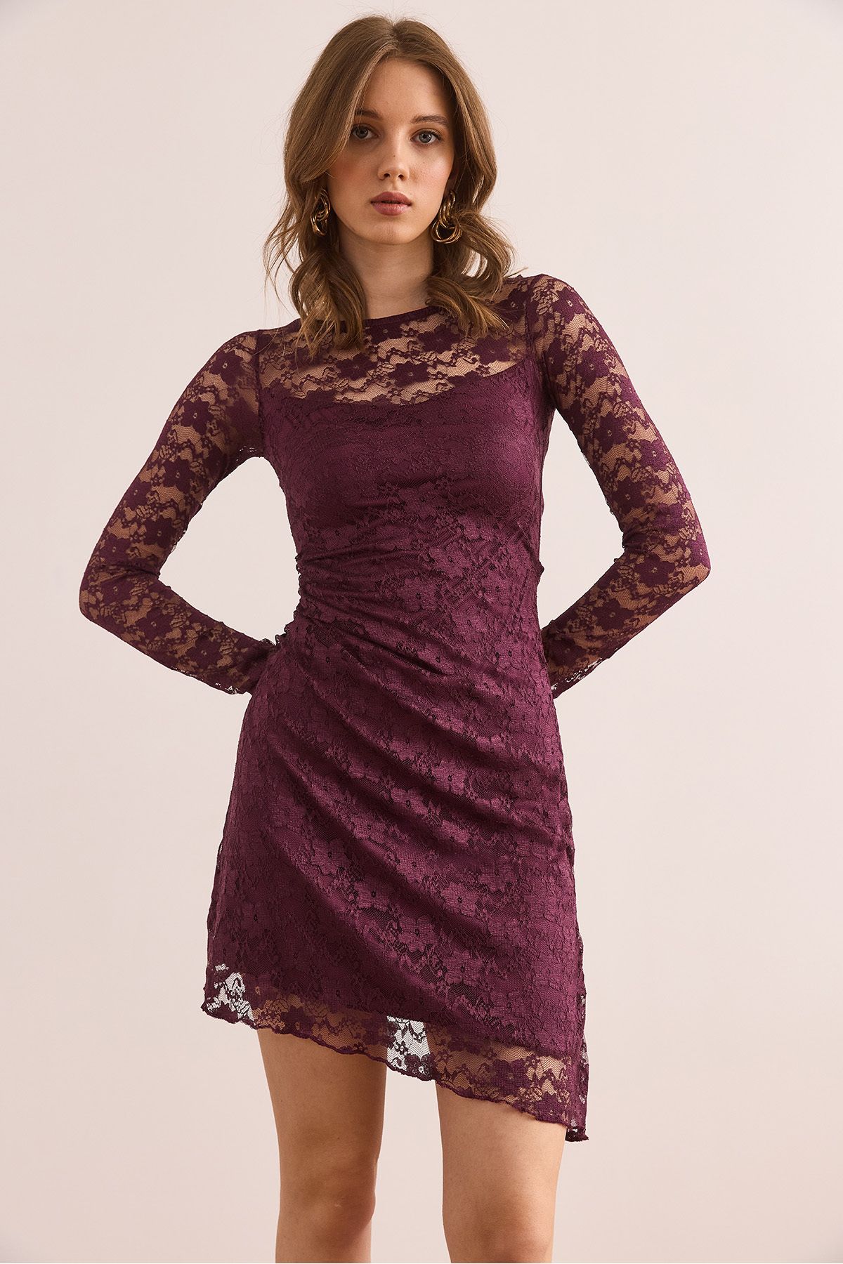Kadın Mürdüm Astarlı Drape Detaylı Dantel Elbise ELB-19002367