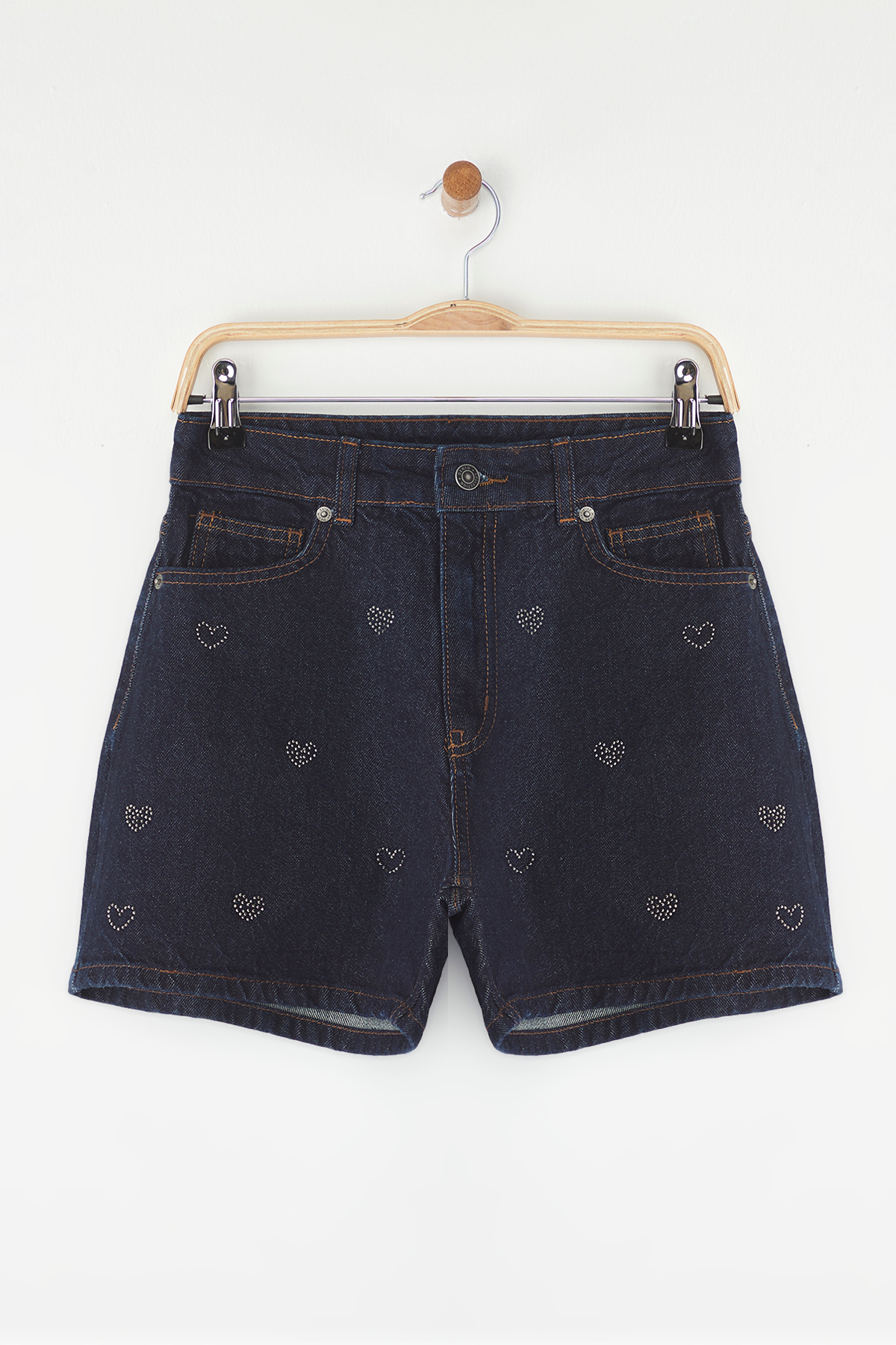 Trendyolmilla  Koyu Mavi Taşlı Yüksek Bel City Boy Denim Şort TWOSS25SR00102 - Görsel 6