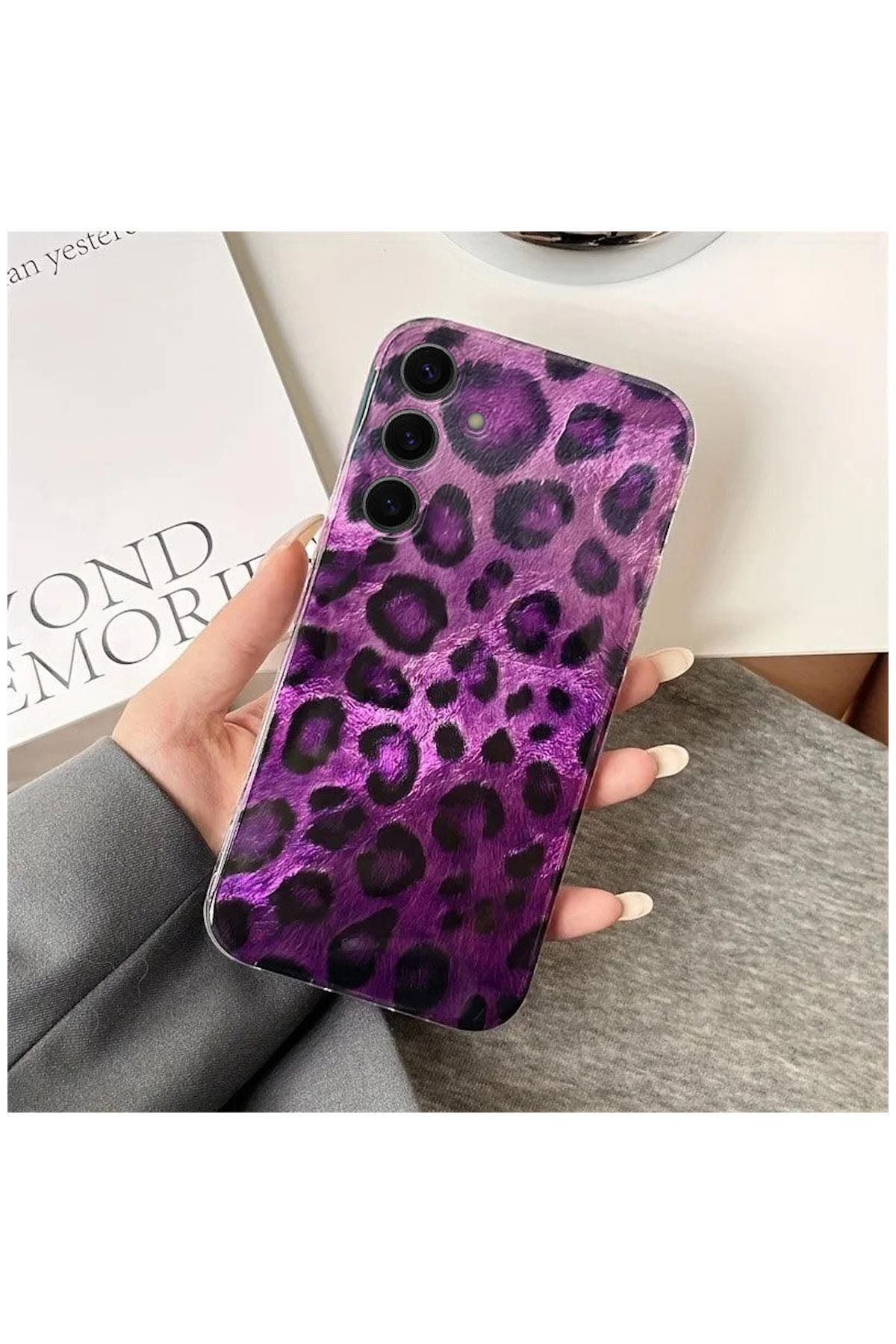 Pro Aksesuar Samsung Galaxy S24 FE Uyumlu Kılıf Lüx Leopar Desenli Silikon Kılıf Mor