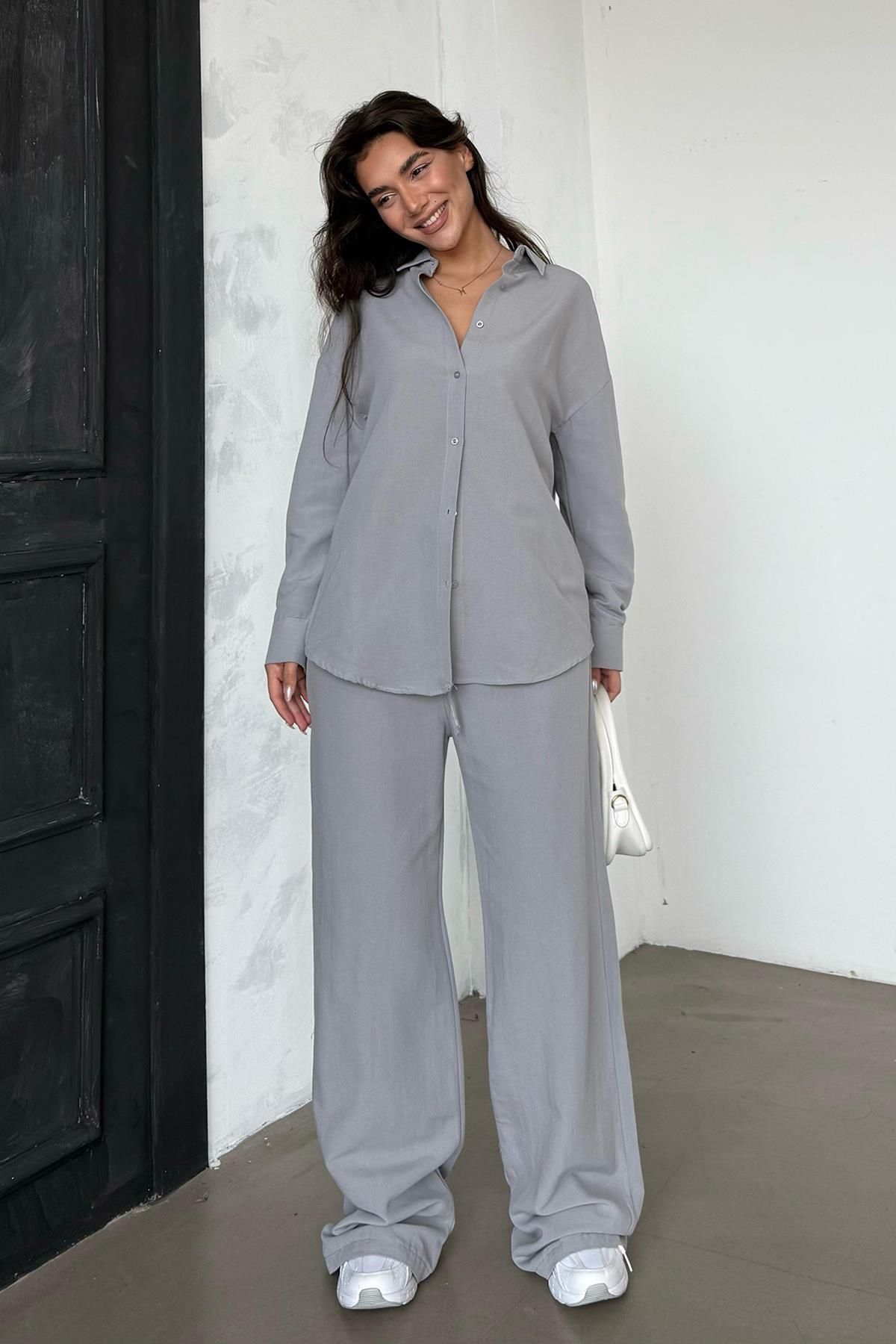 Madmext-Gray Dyed Linen Women Shirt and Pants Suit Mg2356 1