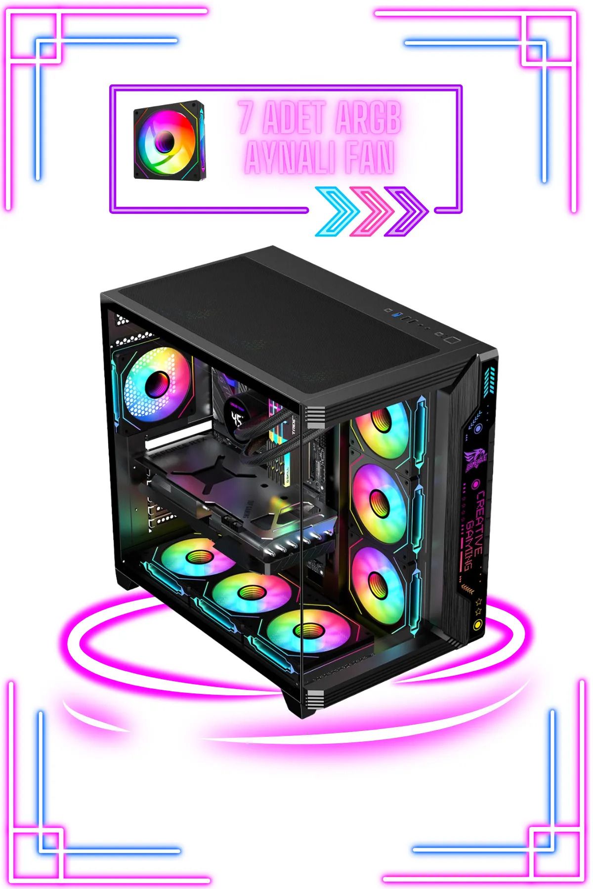 RYZEN 5 7500F-RX 6700XT 12 GB-32 GB RAM-1TB M2 SSD-360MM SIVI SOĞUTMA-SİYAH AKVARYUM KASA