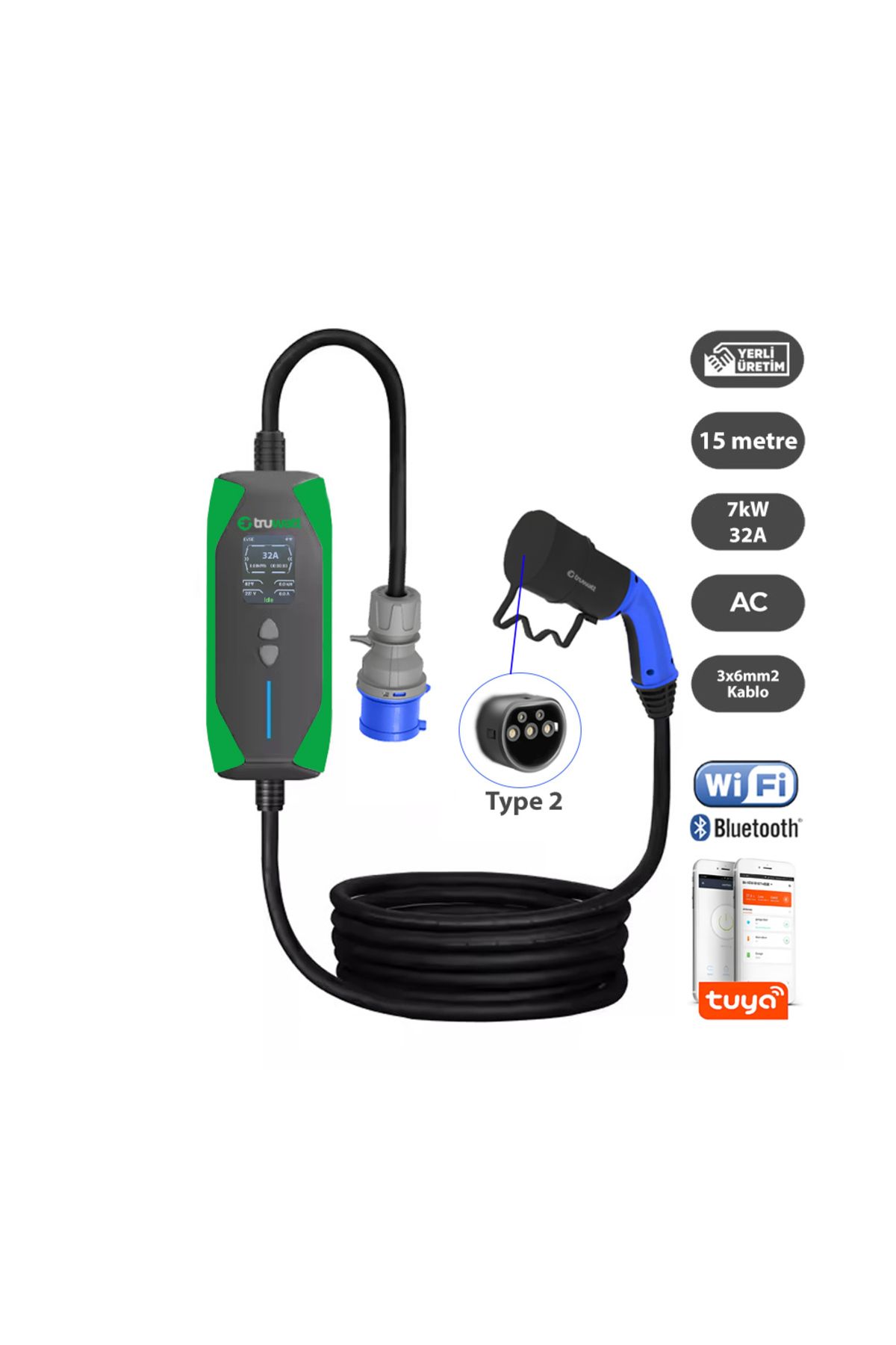 Truwatt ZT315 Taşınabilir Elektrikli Araç Şarj Cihazı 32A/7kW/220V (15 metre)