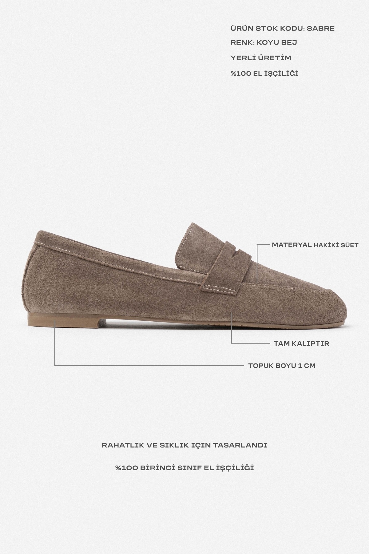 NİŞANTAŞI SHOES-Balerini de damă Saber Bej închis din piele de căprioară autentică cu talpă plată 3