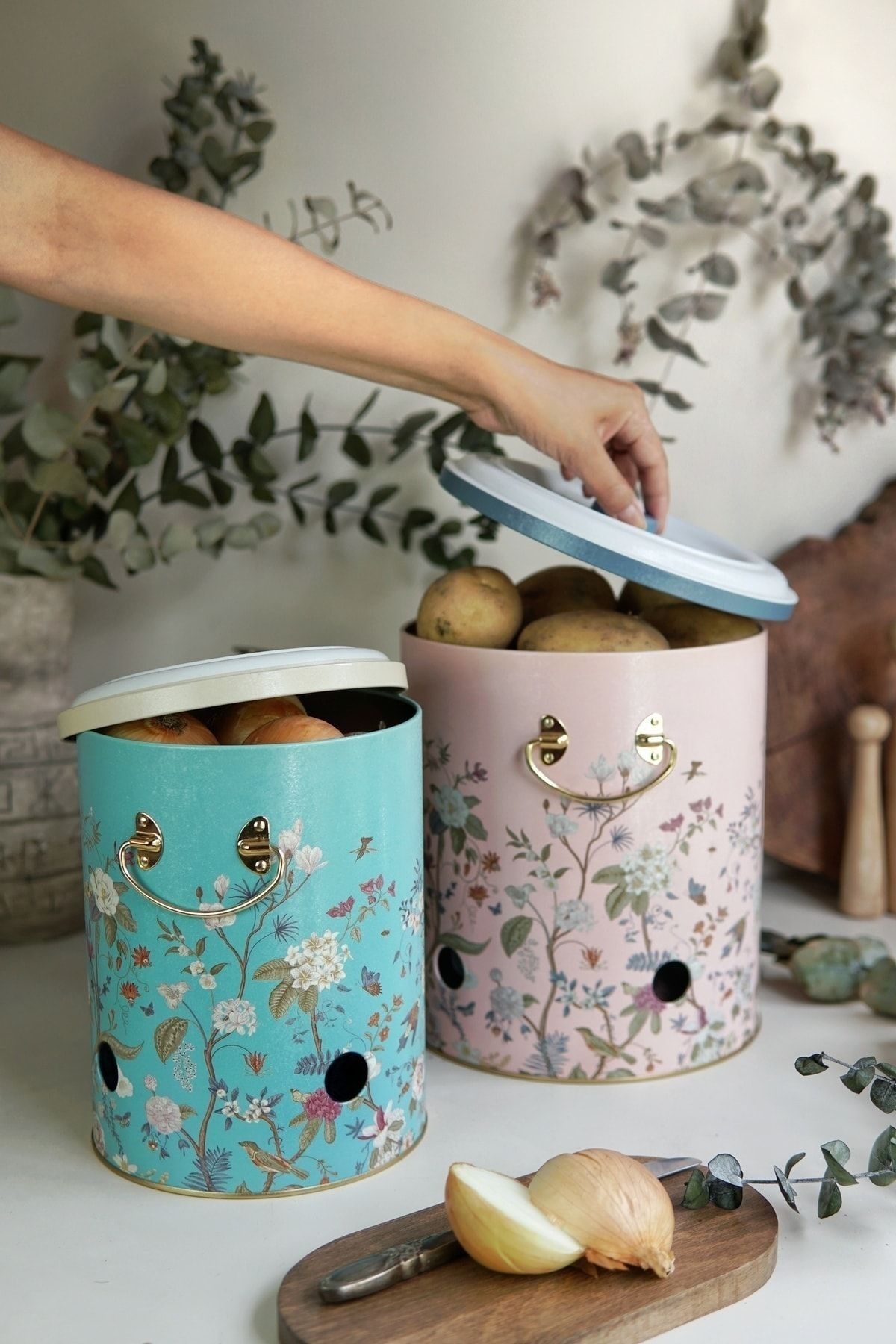 Hesaplı Kasa Flora Desenli Metal Sebzelik Seti, Patateslik, Soğanlık 2'li Set