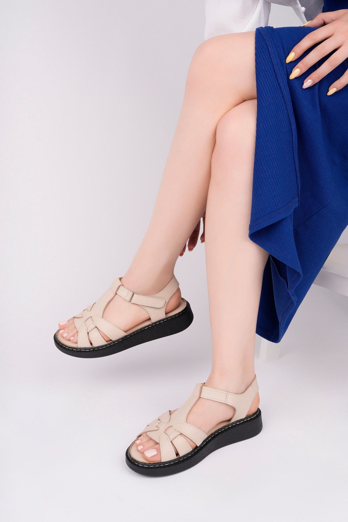 Deripabuc-Beige Women's Leather Sandals - Genuine Leather Dc-1429 2