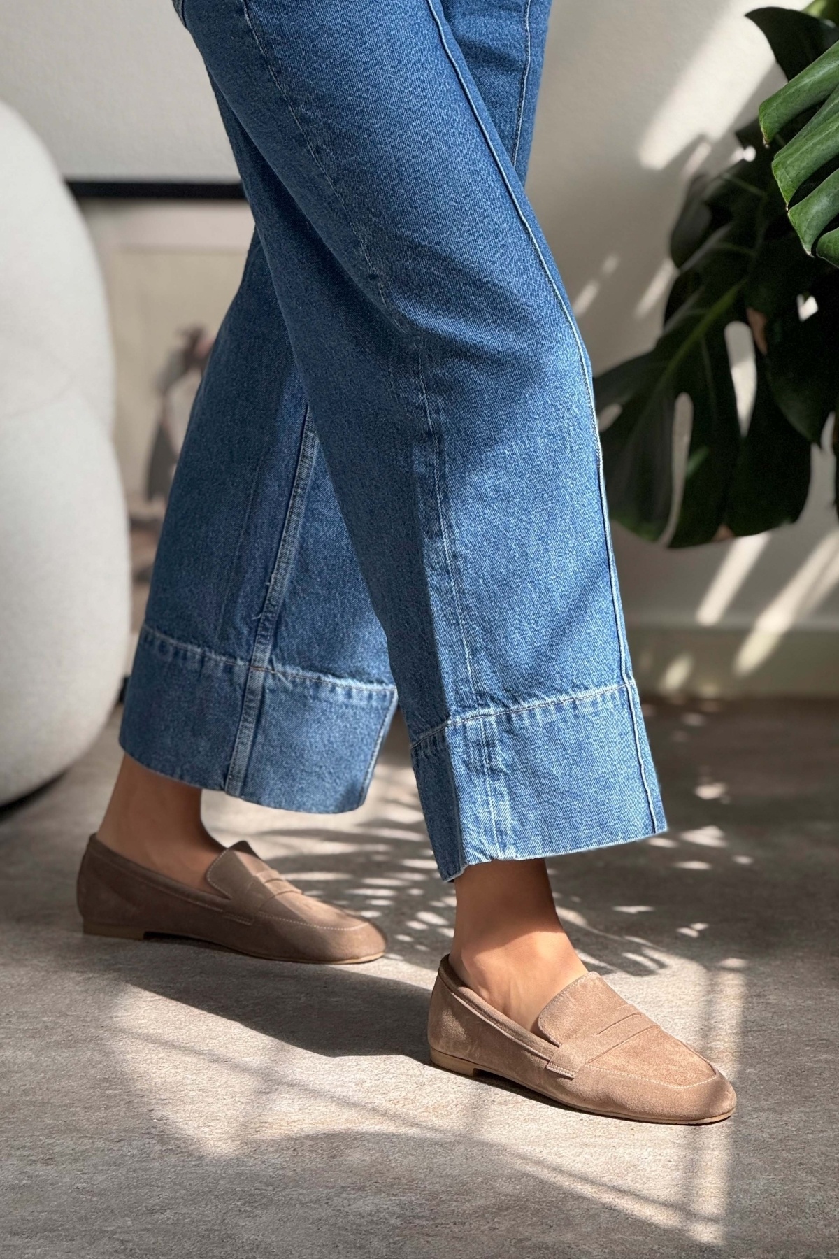 NİŞANTAŞI SHOES-Balerini de damă Saber Bej închis din piele de căprioară autentică cu talpă plată 4