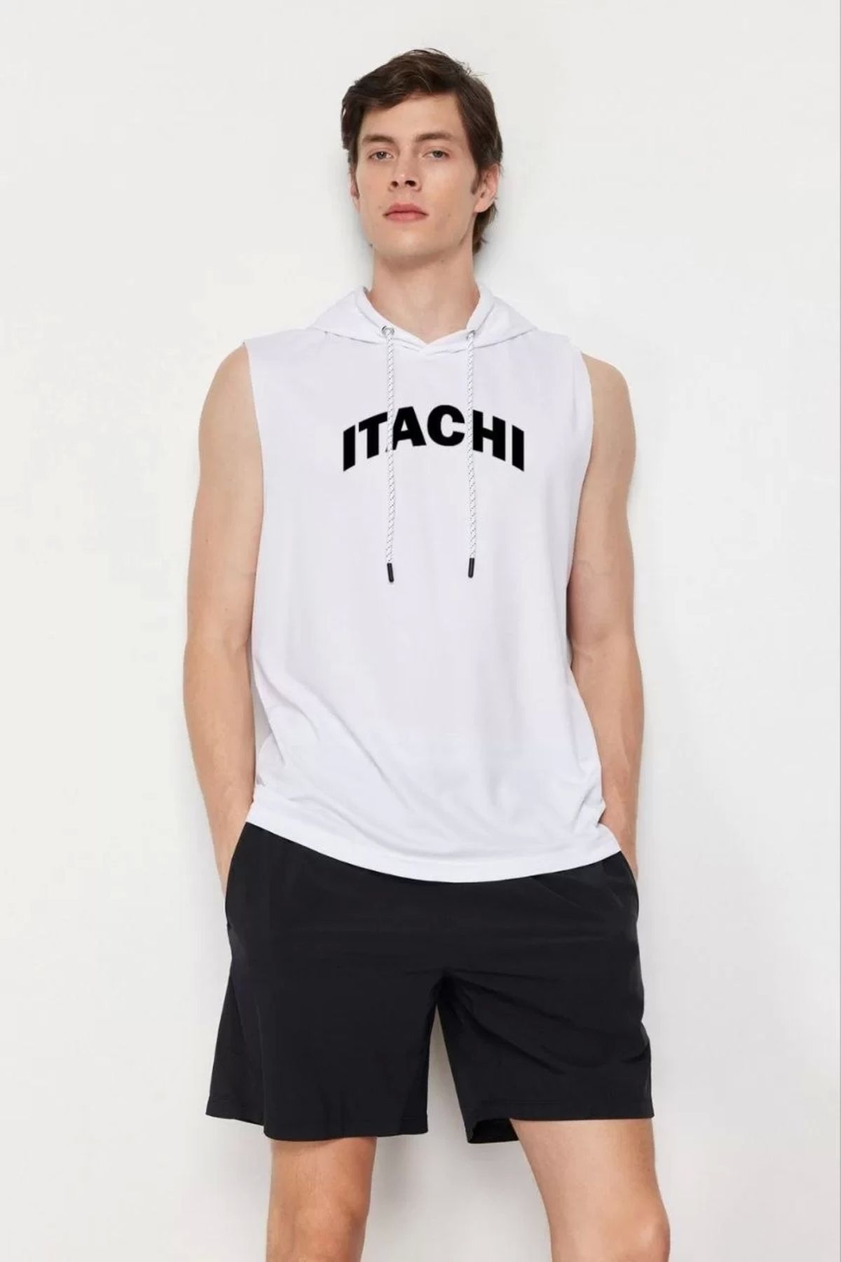 CVS Unisex Kapşonlu Kolsuz Baskılı Oversize T-shirt - Beyaz