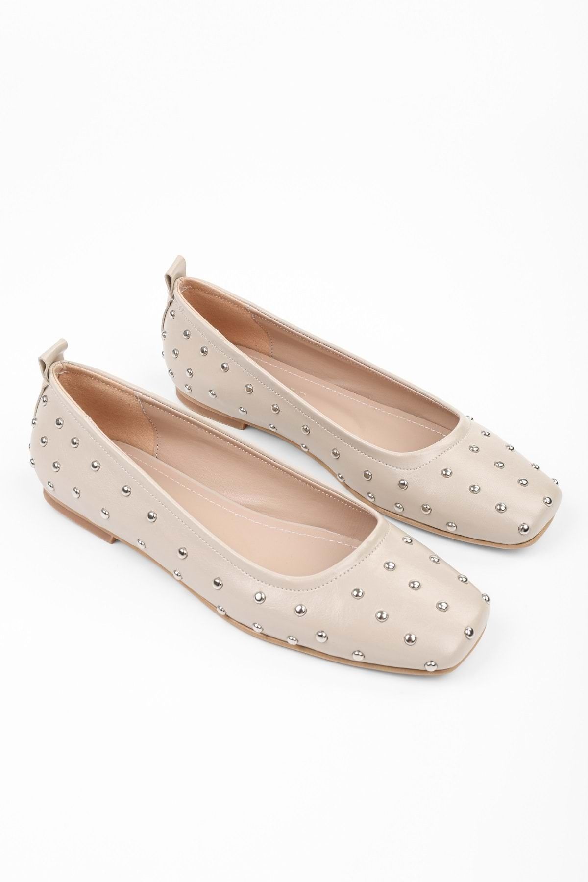 Shoeberry-Damskie płaskie baleriny Zoe Ecru z tępym noskiem 5