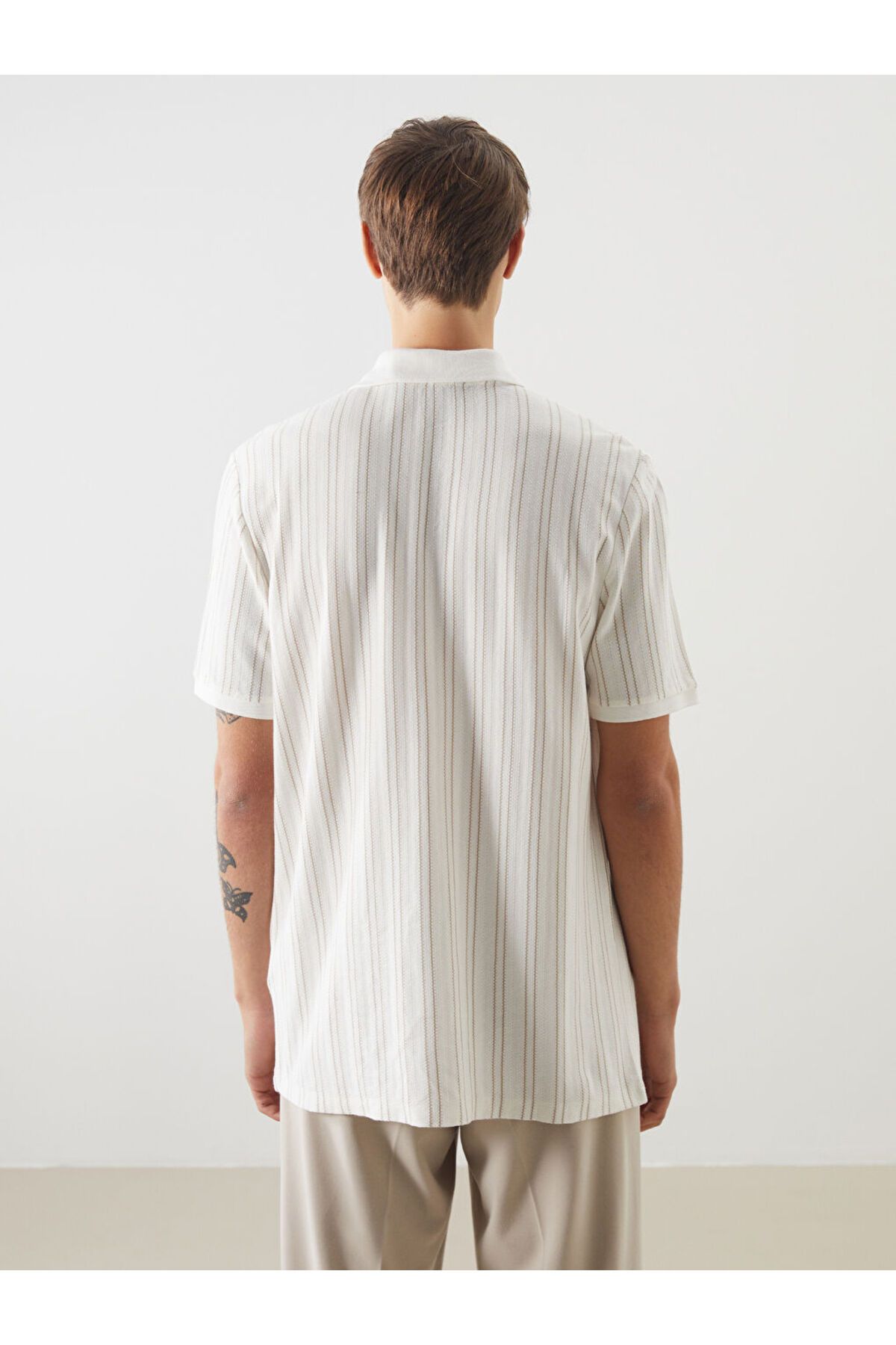 LC Waikiki-Ecru Polo Neck Striped Men's Textured T-Shirt 4