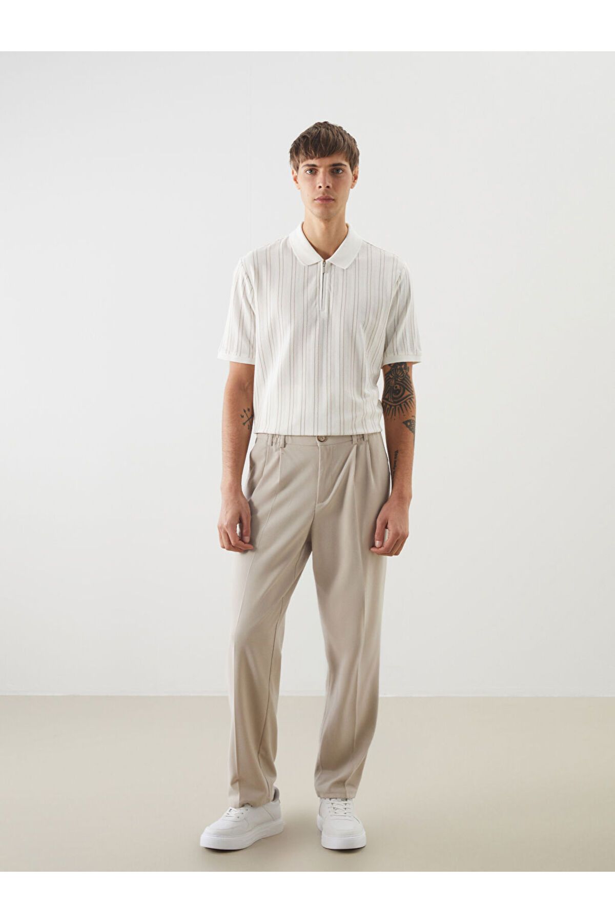 LC Waikiki-Ecru Polo Neck Striped Men's Textured T-Shirt 2