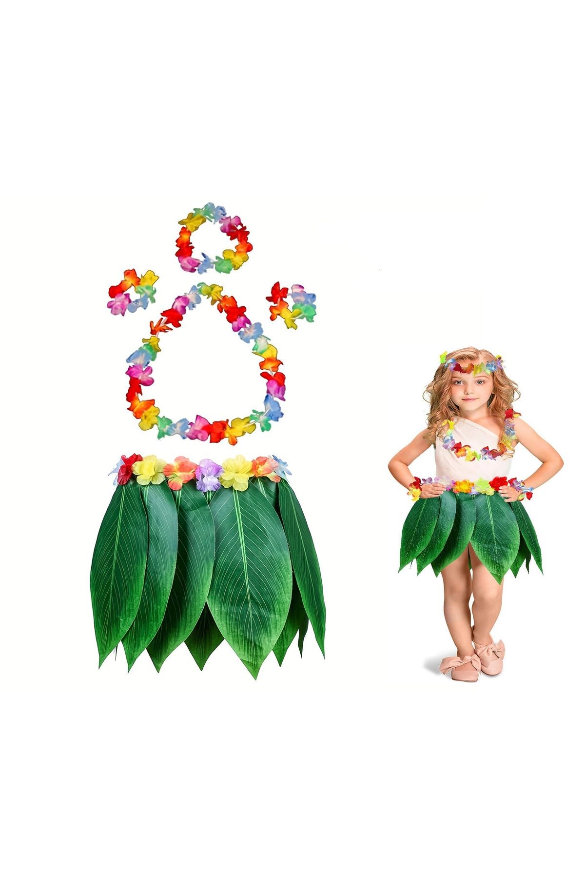 Skygo Çocuk Hawaii Kostüm Seti - Yaprak Etek & Hawaii Set - 5 Parça